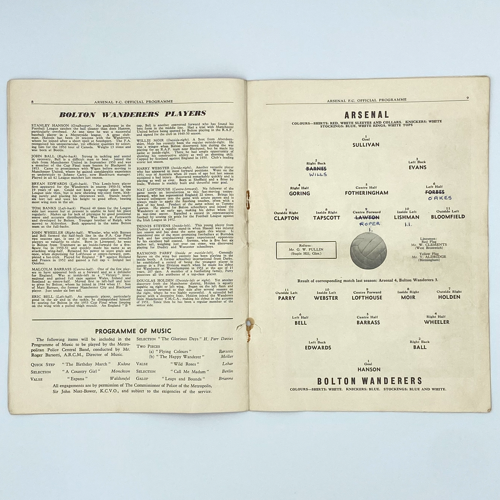 Arsenal vs Bolton Wanderers Programme (26 March, 1955)