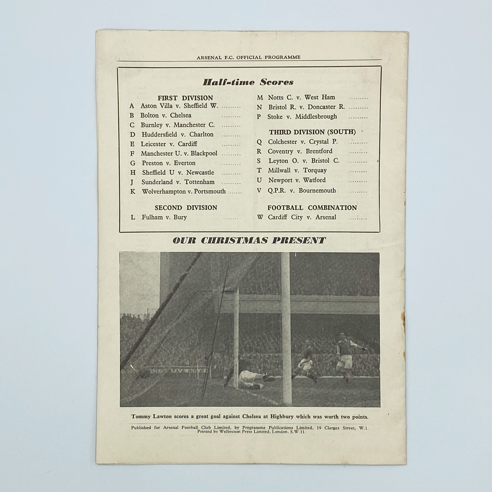 Arsenal vs West Bromwich Albion Programme (1 January, 1955)