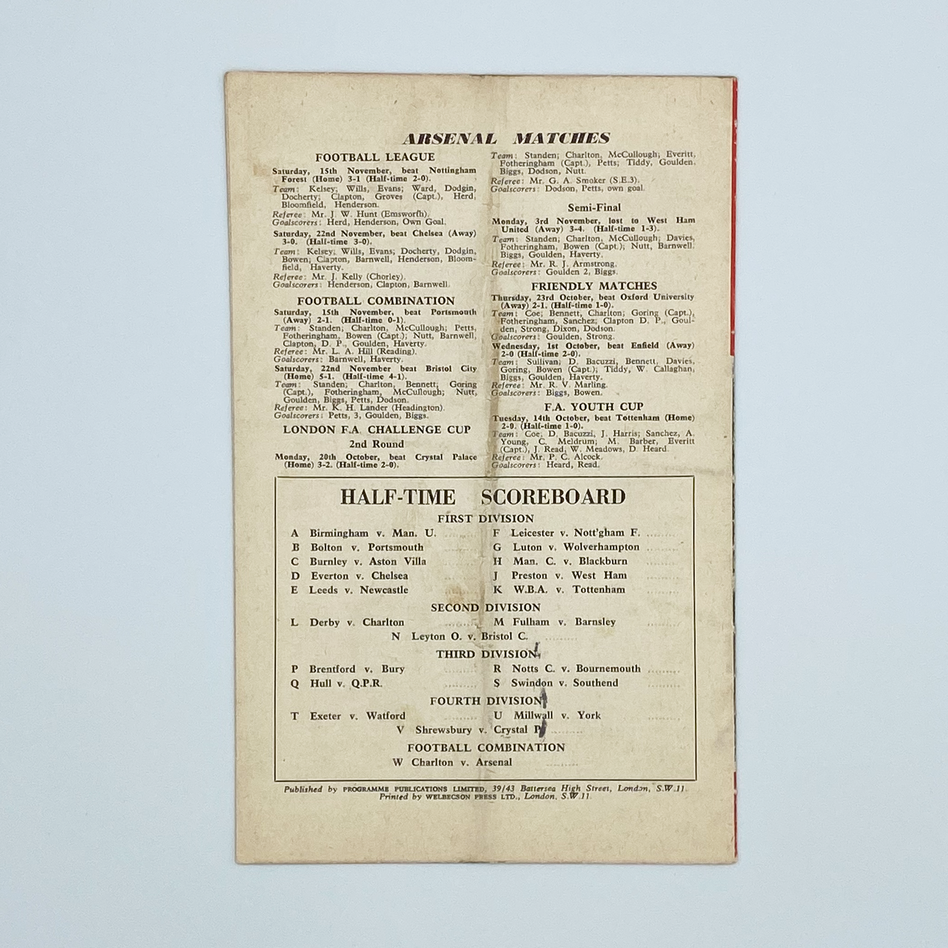 Arsenal vs Blackpool Programme (29 November, 1958)