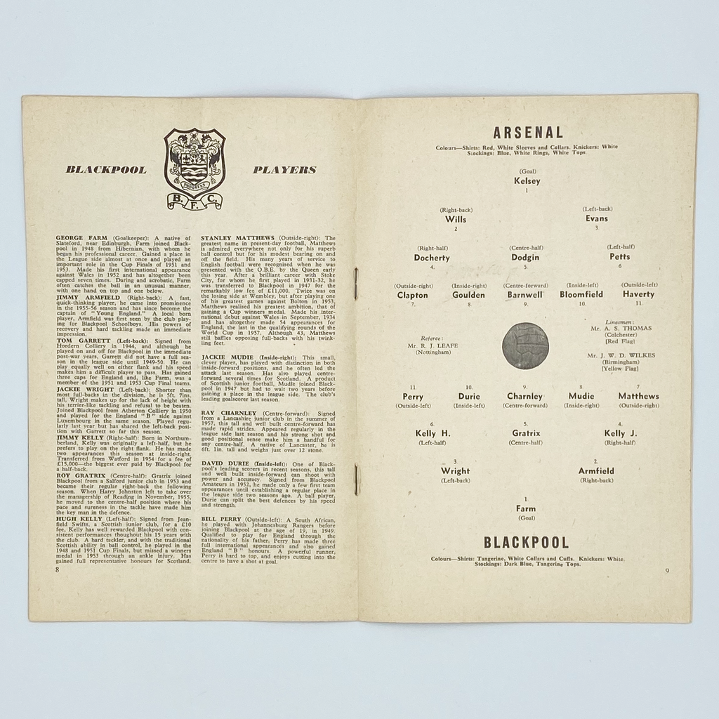 Arsenal vs Blackpool Programme (29 November, 1958)