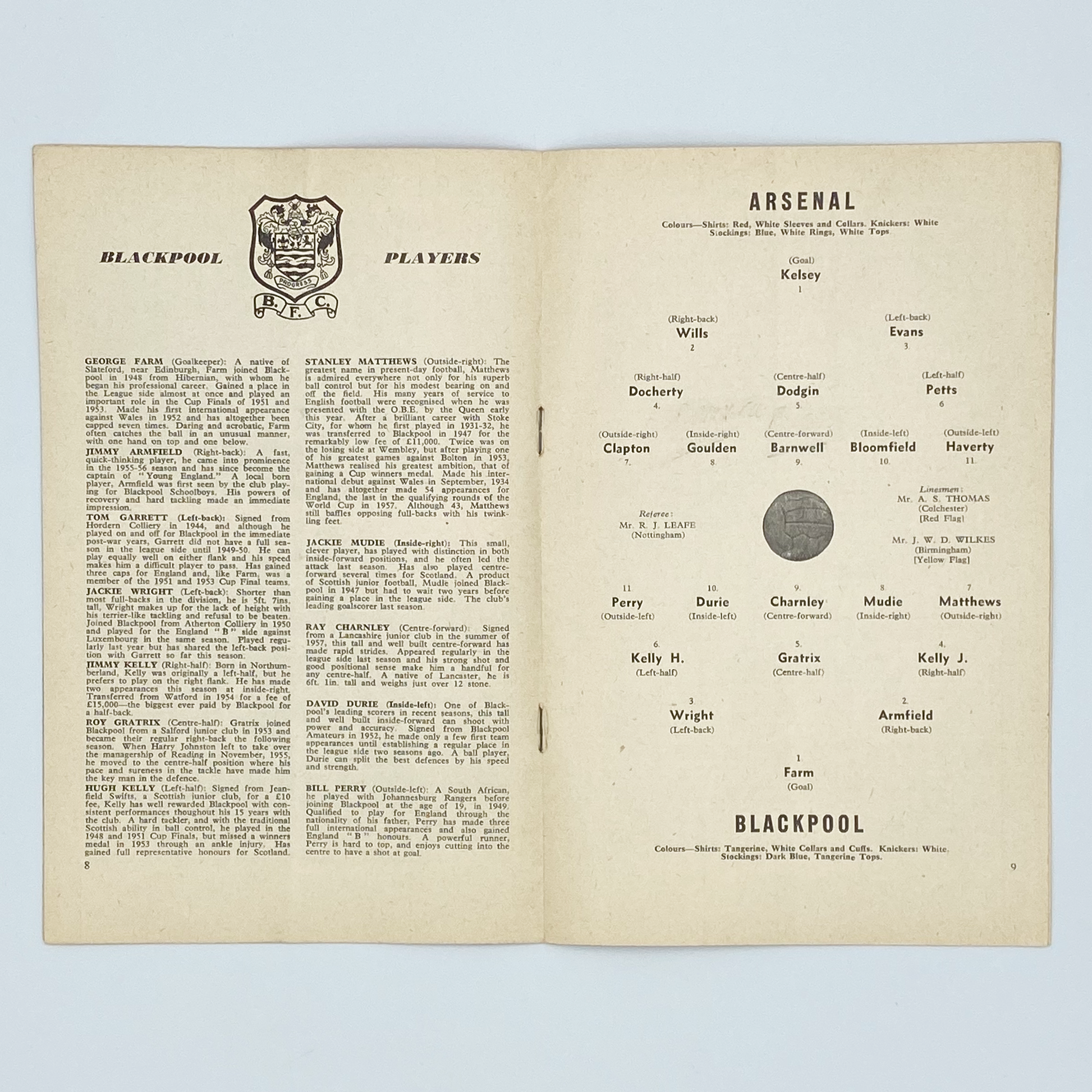 Arsenal vs Blackpool Programme (29 November, 1958)