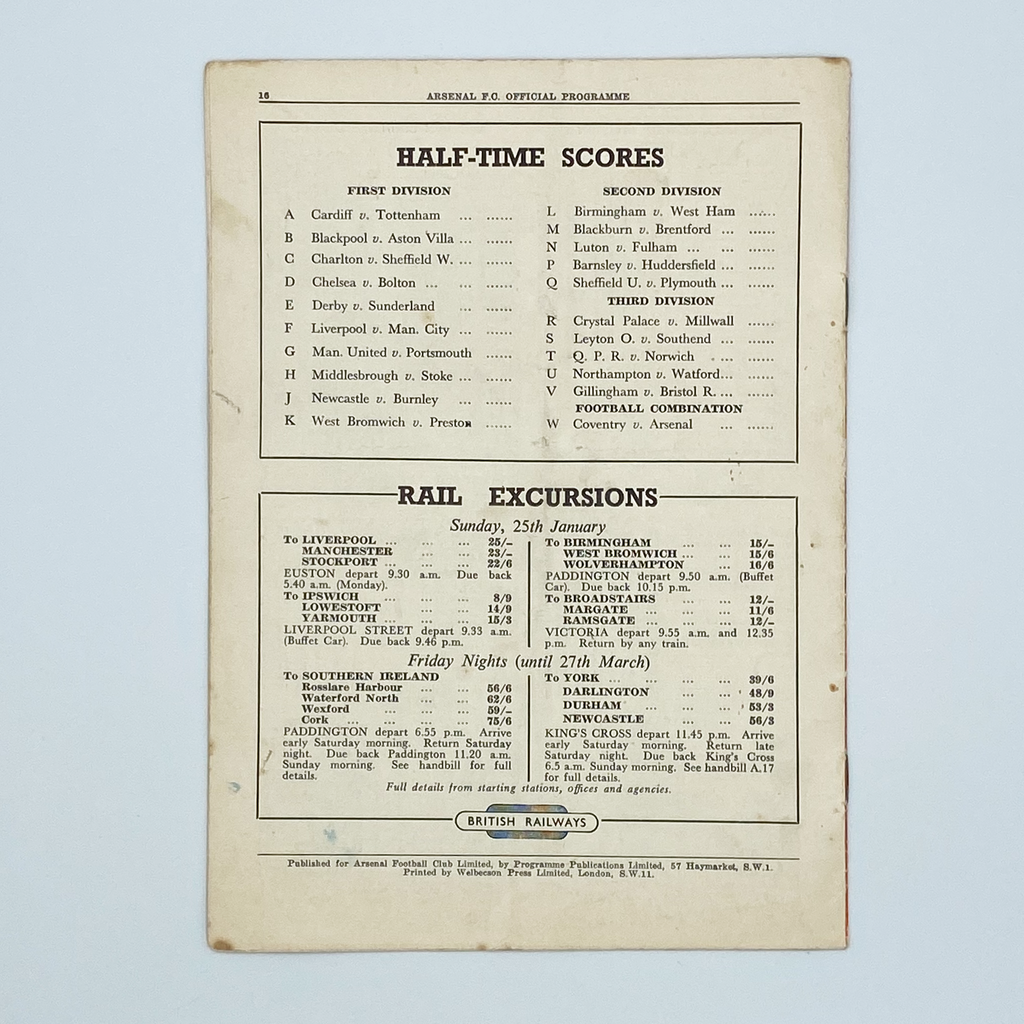 Arsenal vs Wolverhampton Wanderers Programme (17 January, 1953)