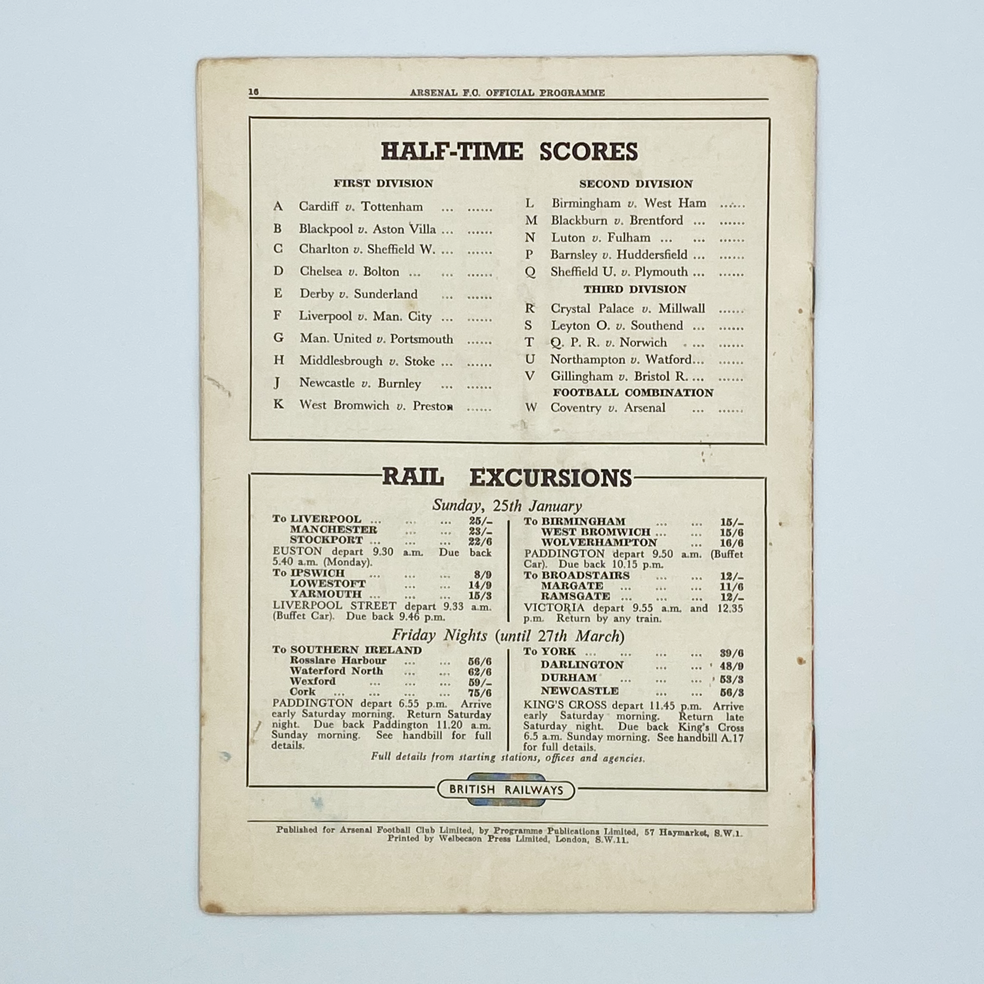 Arsenal vs Wolverhampton Wanderers Programme (17 January, 1953)