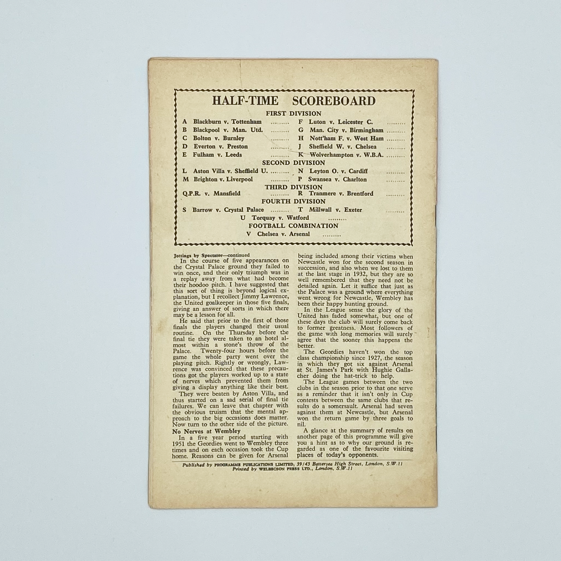 Arsenal vs Newcastle United Programme (27 February, 1960)