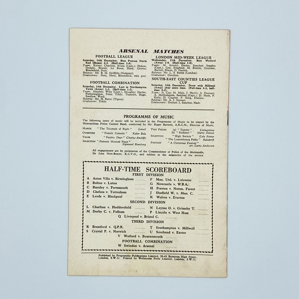 Arsenal vs Sunderland Programme (21 December, 1957)