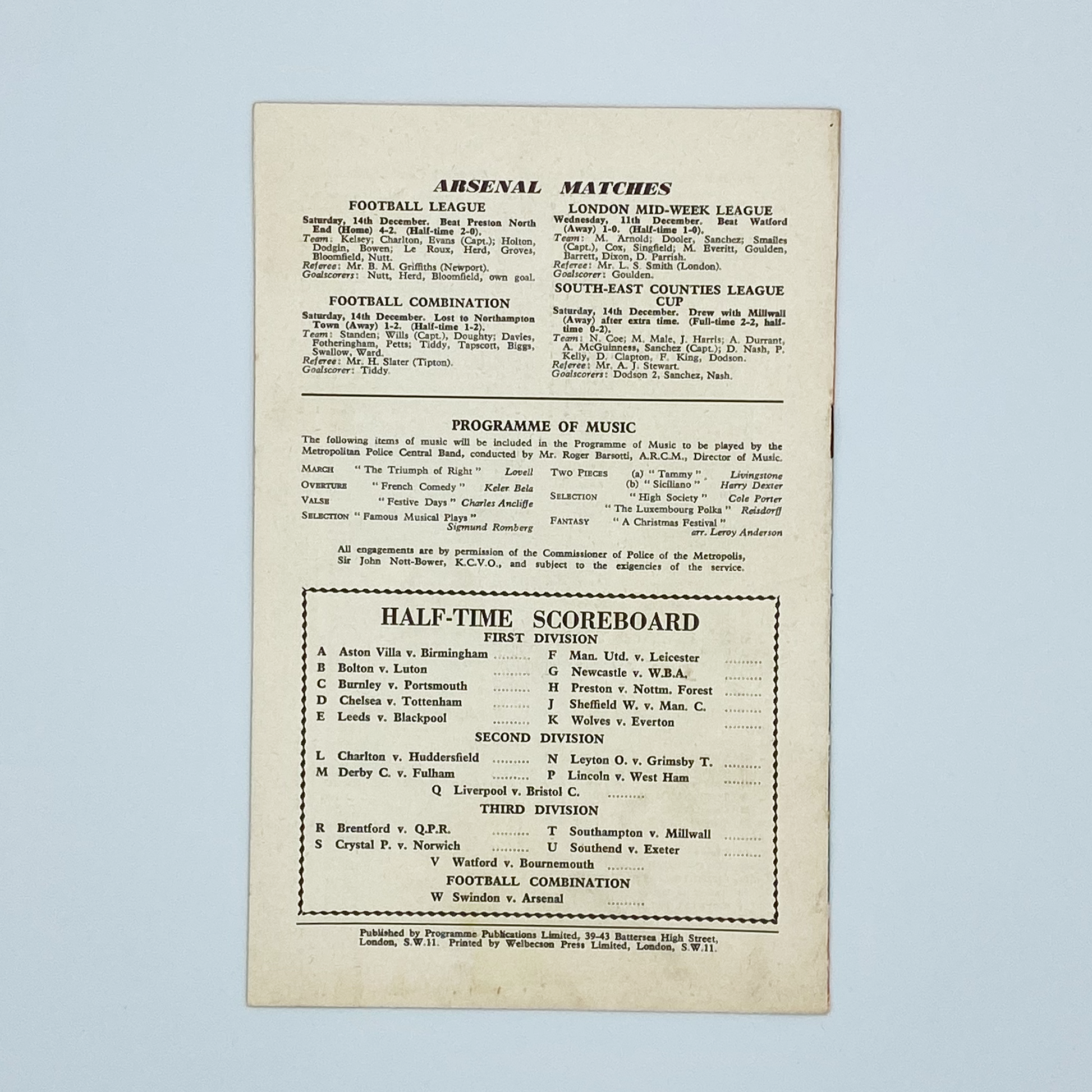 Arsenal vs Sunderland Programme (21 December, 1957)