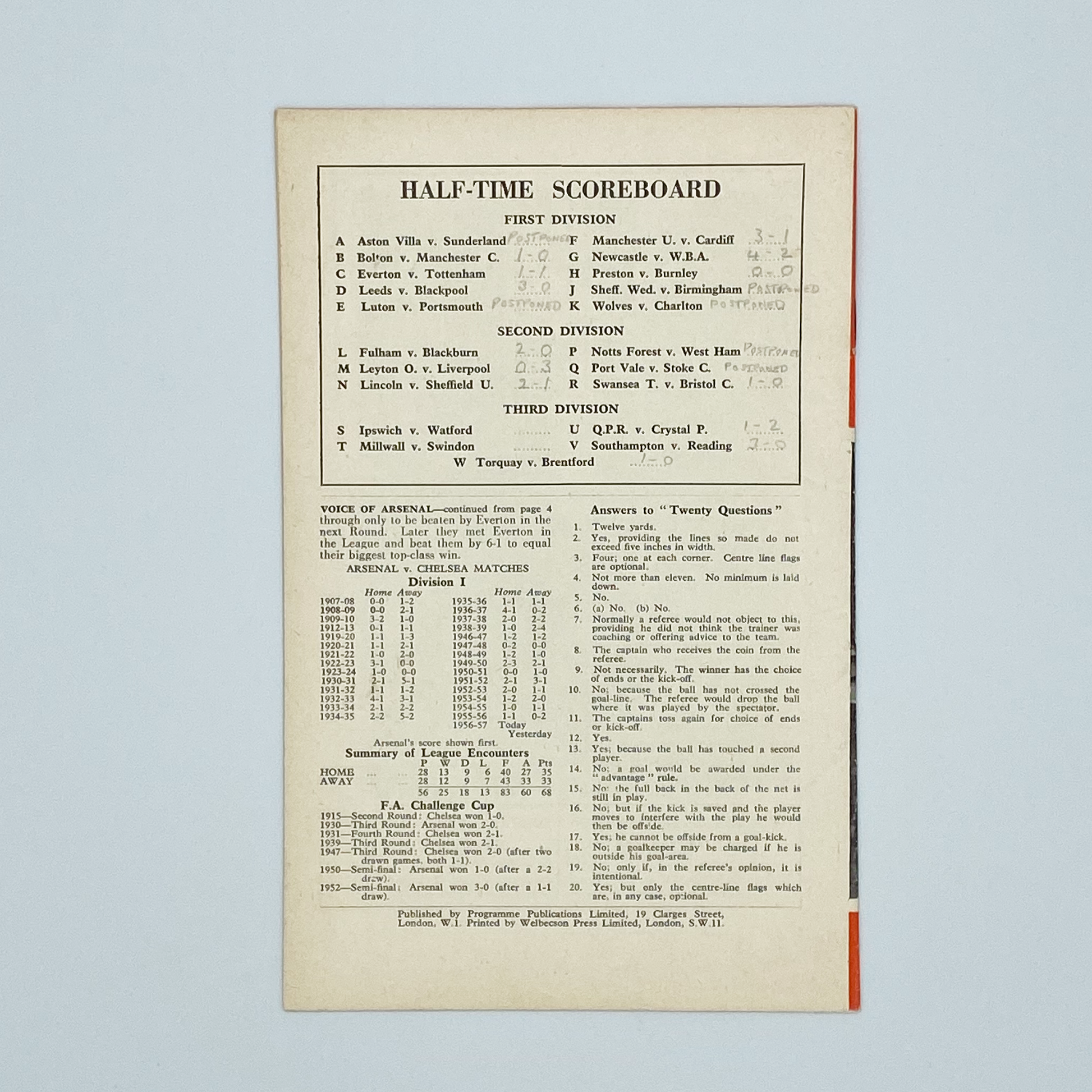 Arsenal vs Chelsea Programme (26 December, 1956)