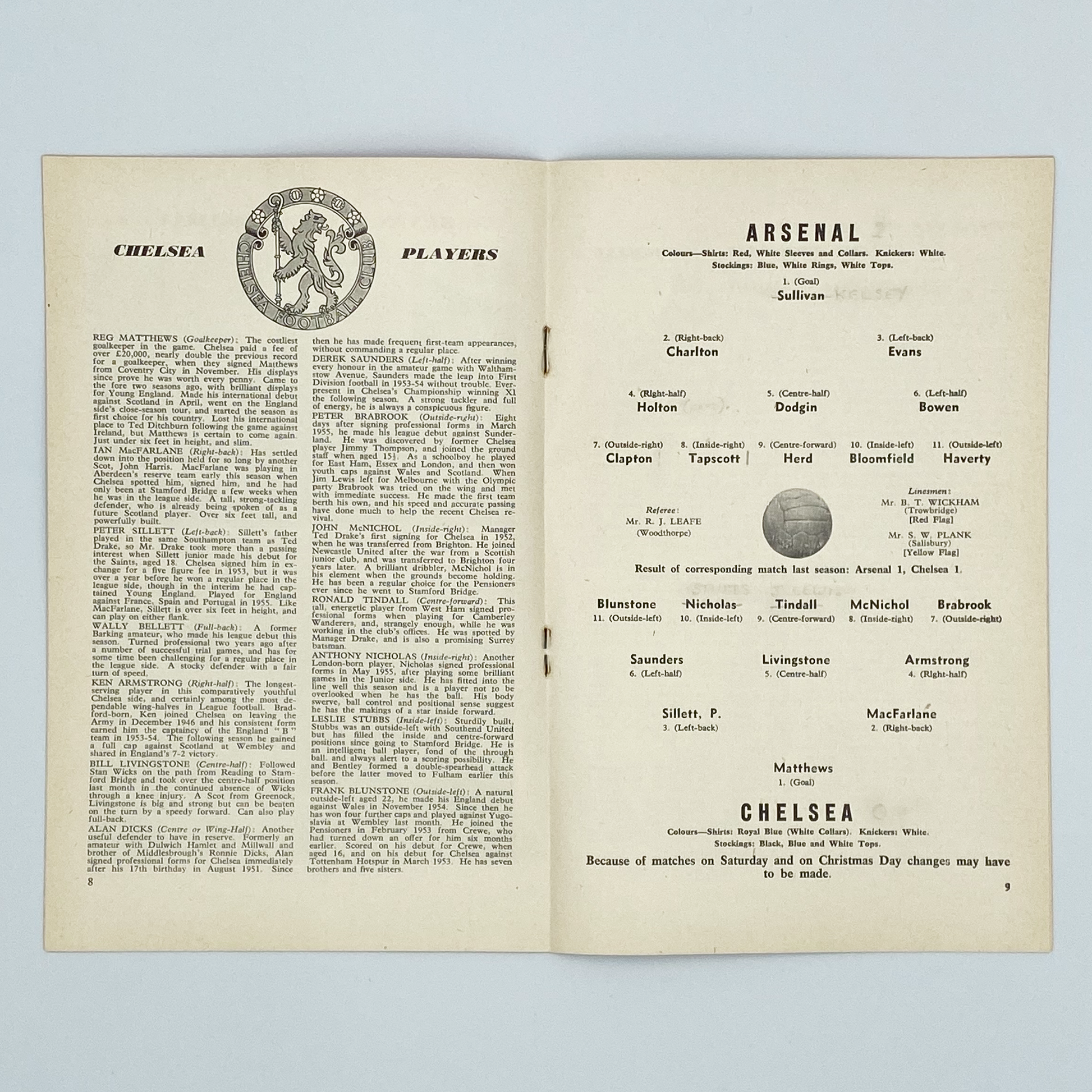 Arsenal vs Chelsea Programme (26 December, 1956)