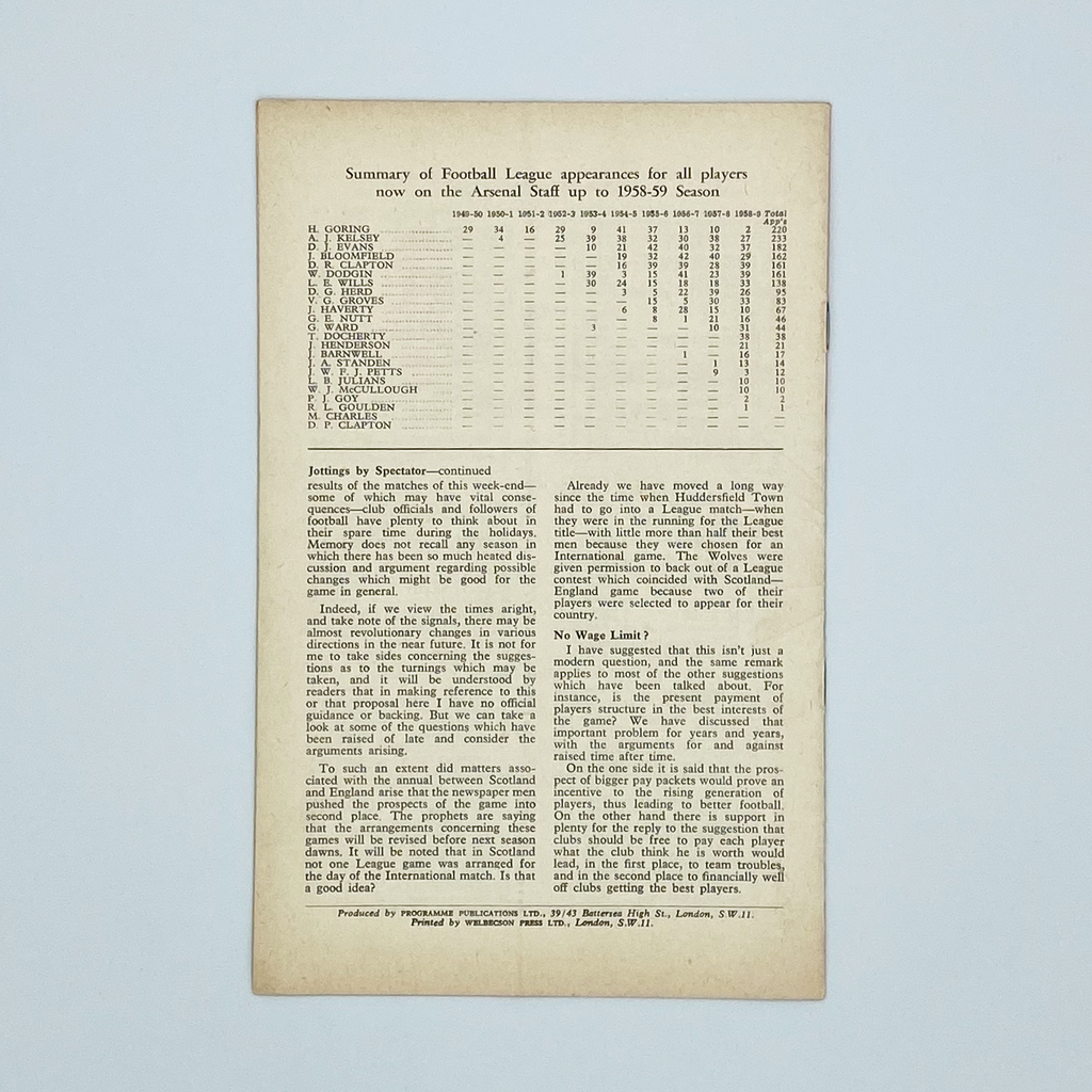 Arsenal vs Fulham Programme (15 April, 1960)