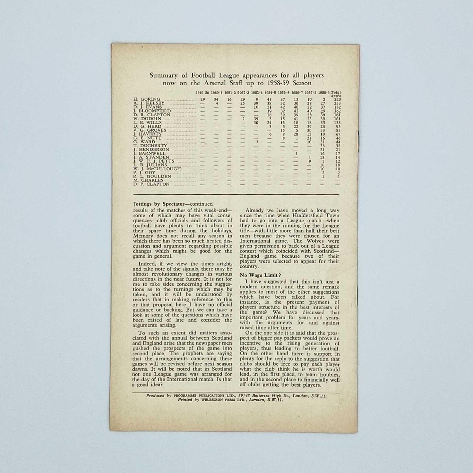 Arsenal vs Fulham Programme (15 April, 1960)