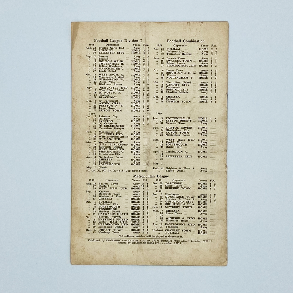 Arsenal vs Colchester United Programme (28 January, 1958)