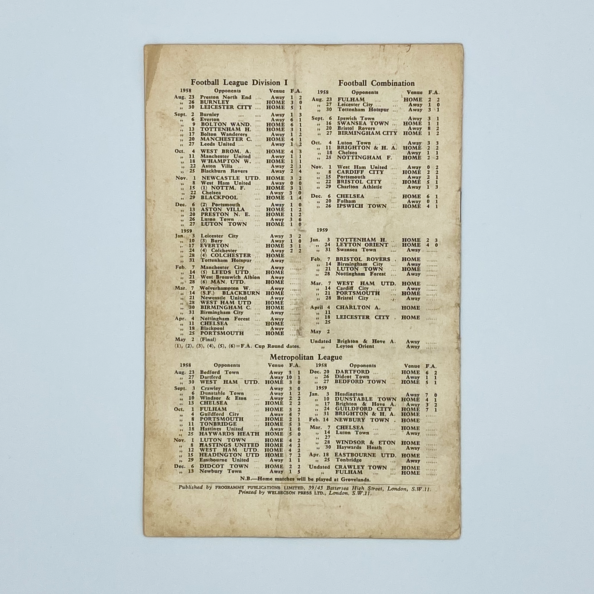 Arsenal vs Colchester United Programme (28 January, 1958)