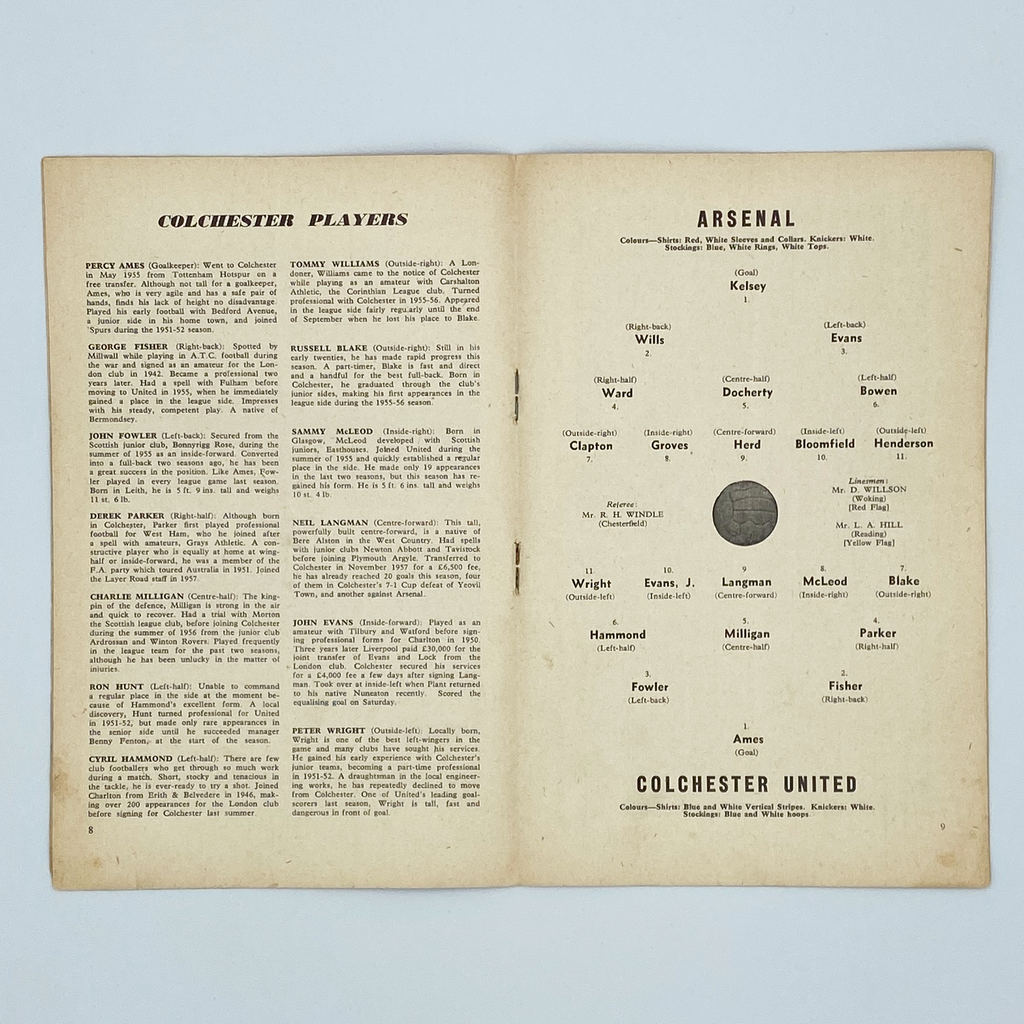 Arsenal vs Colchester United Programme (28 January, 1958)