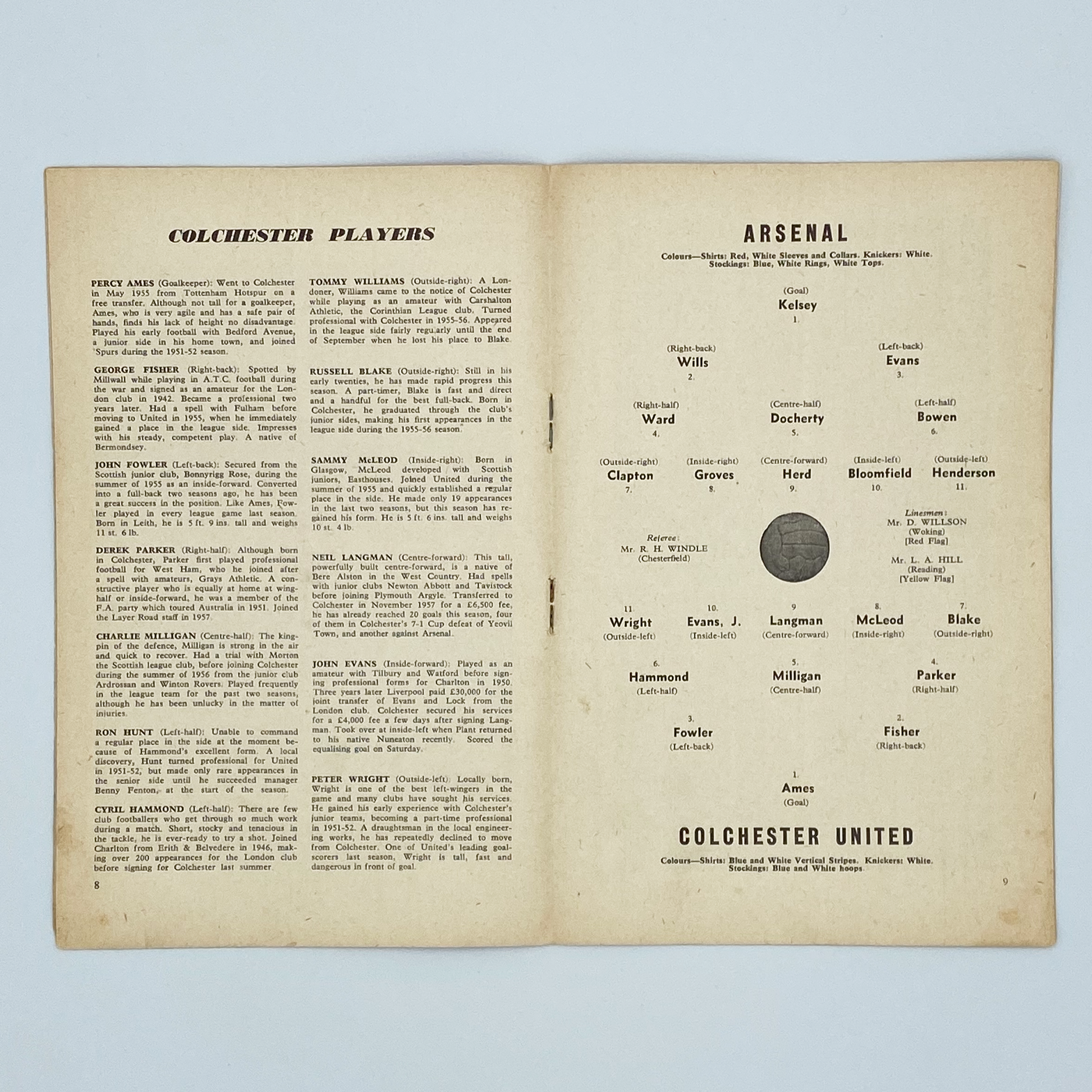 Arsenal vs Colchester United Programme (28 January, 1958)