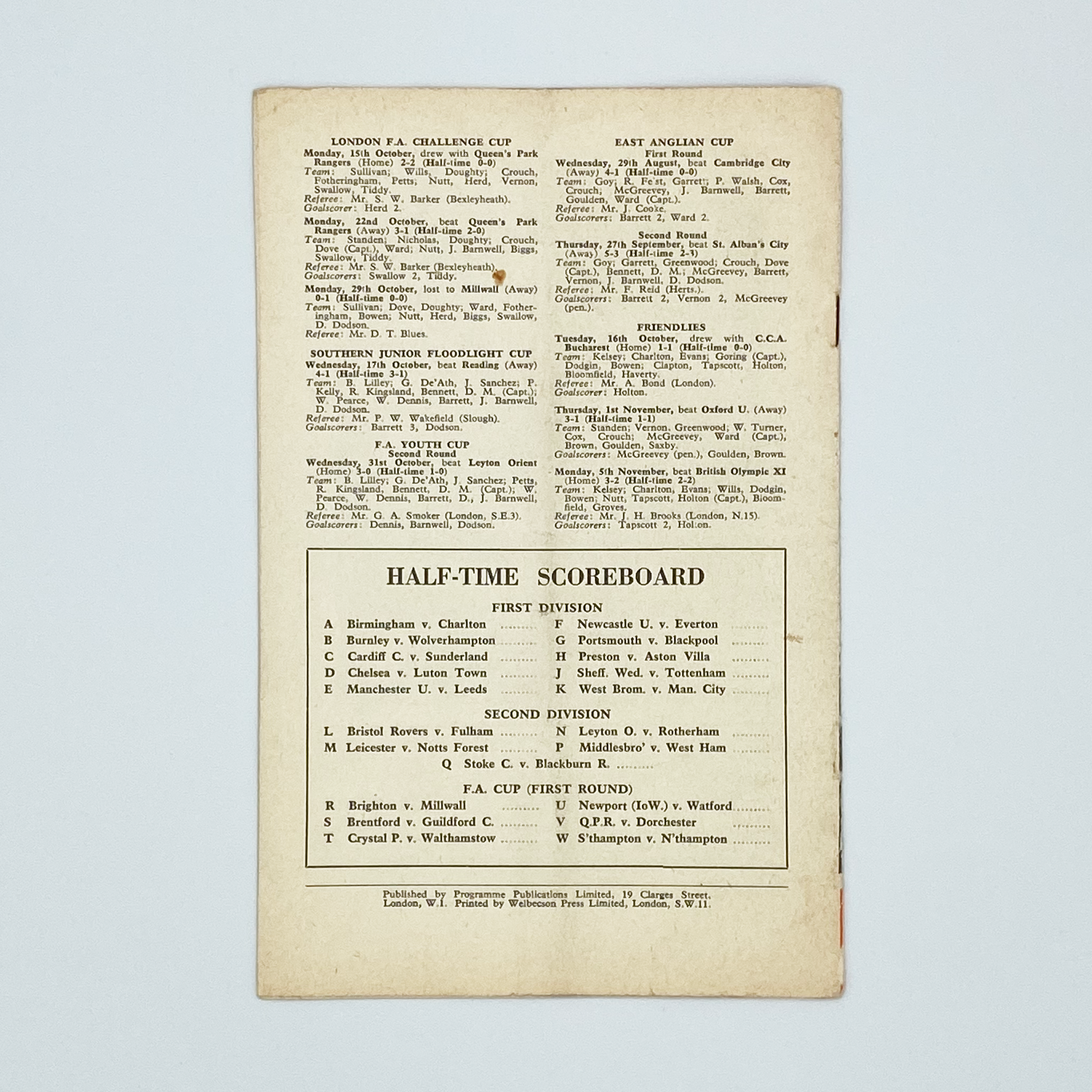 Arsenal vs Bolton Wanderers Programme (17 November, 1956)