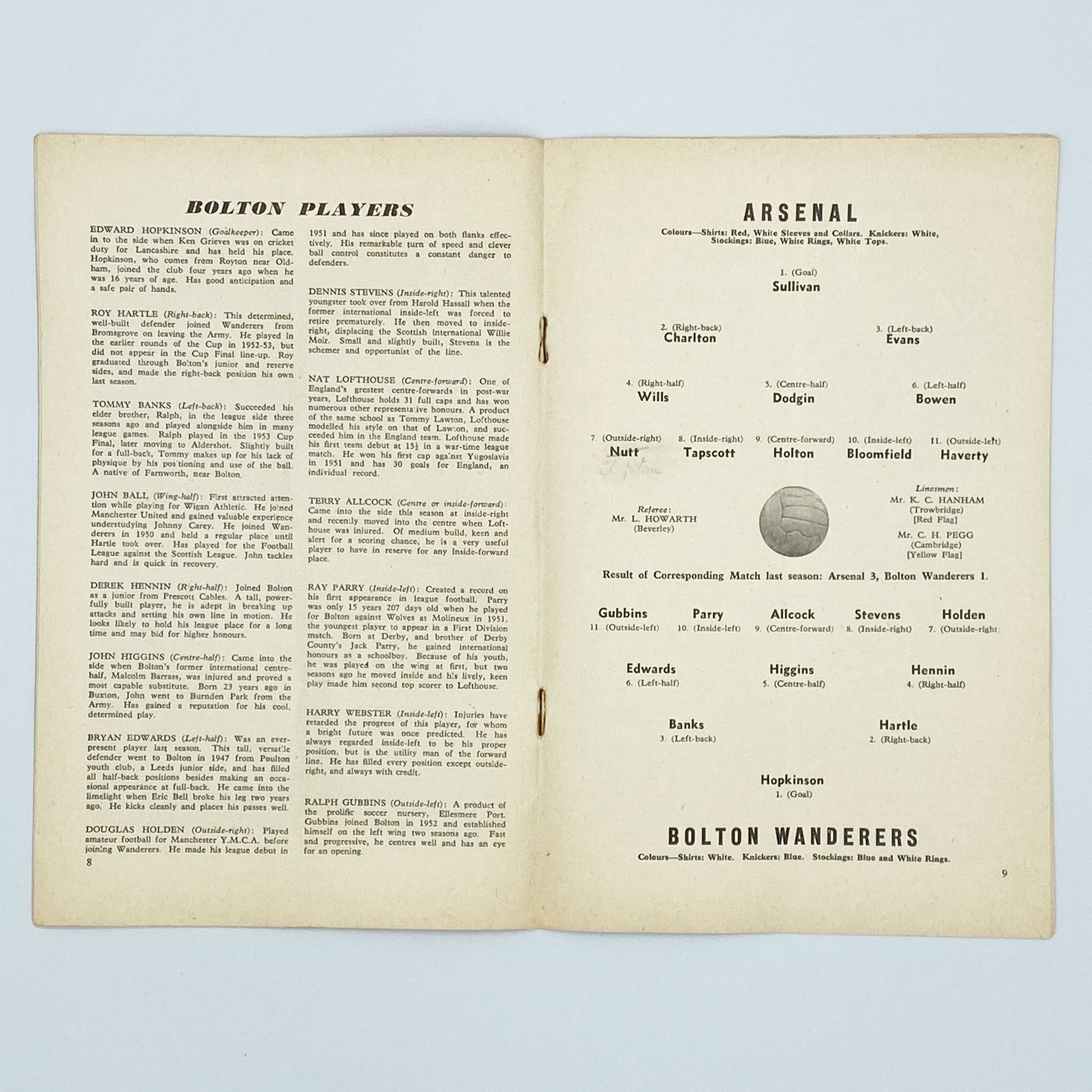 Arsenal vs Bolton Wanderers Programme (17 November, 1956)