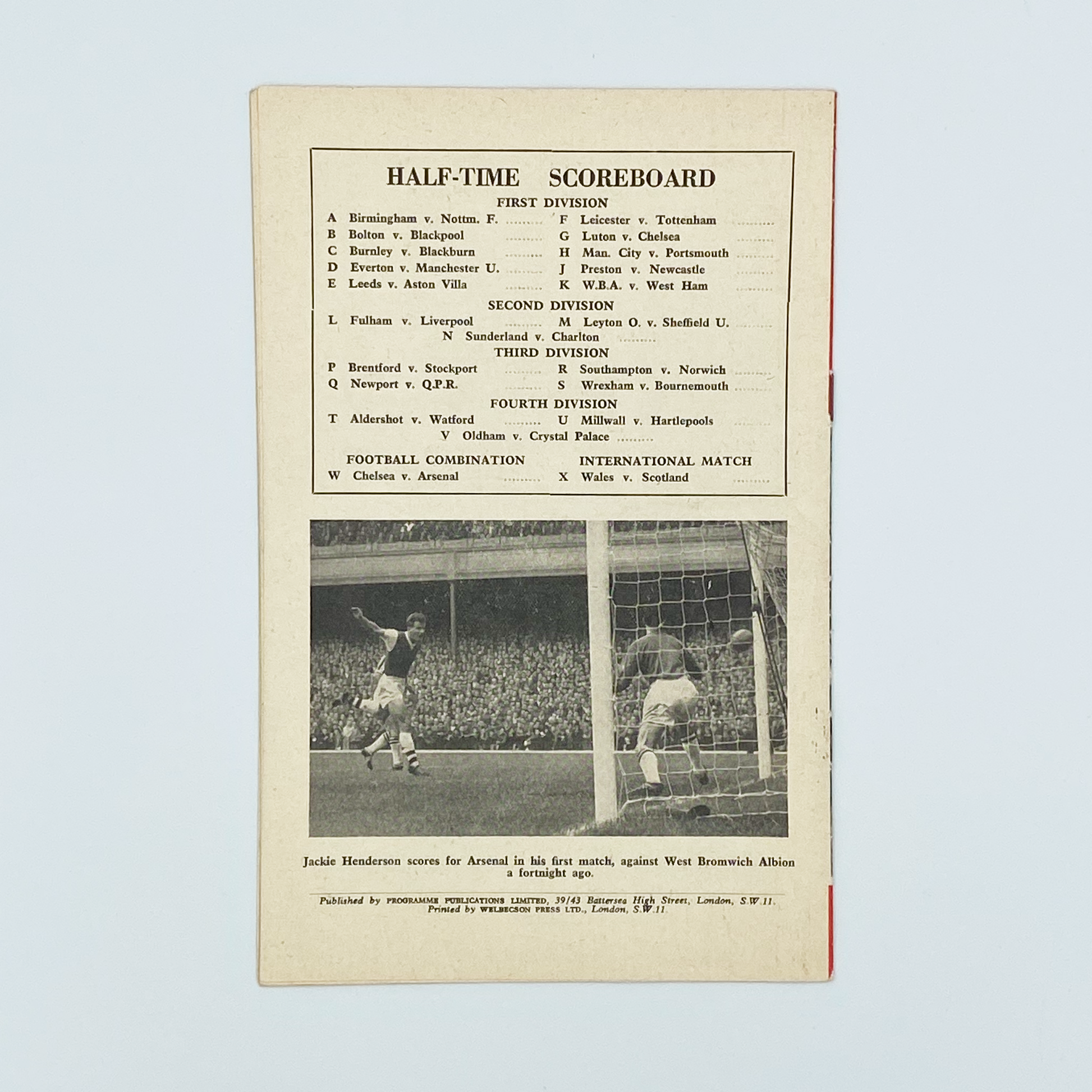 Arsenal vs Wolverhampton Wanderers Programme (18 October, 1958)