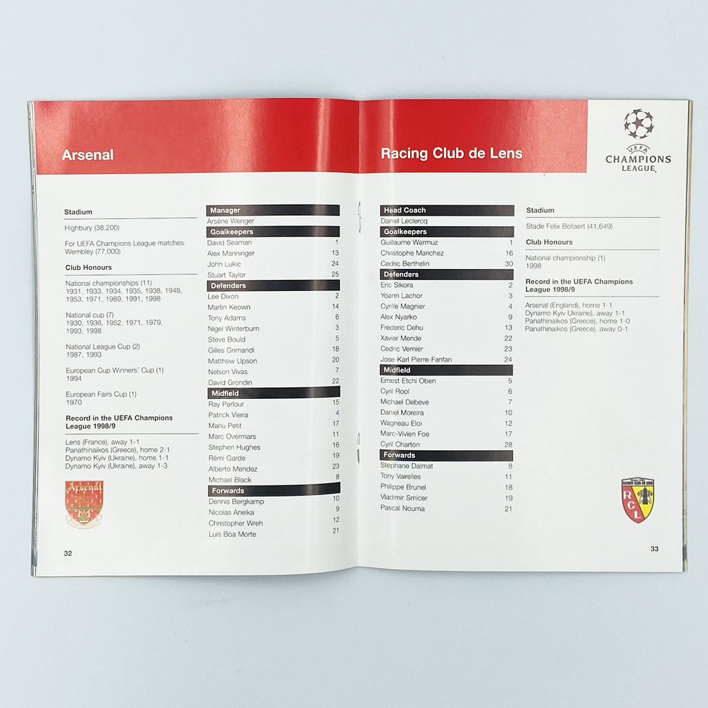 Arsenal vs RC Lens Programme (25 November, 1998)