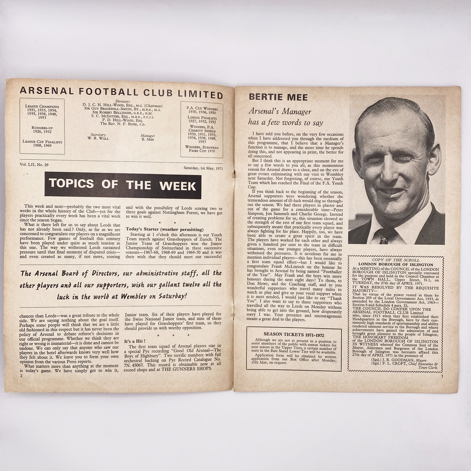 Arsenal vs Stoke City Programme (1 May, 1971)