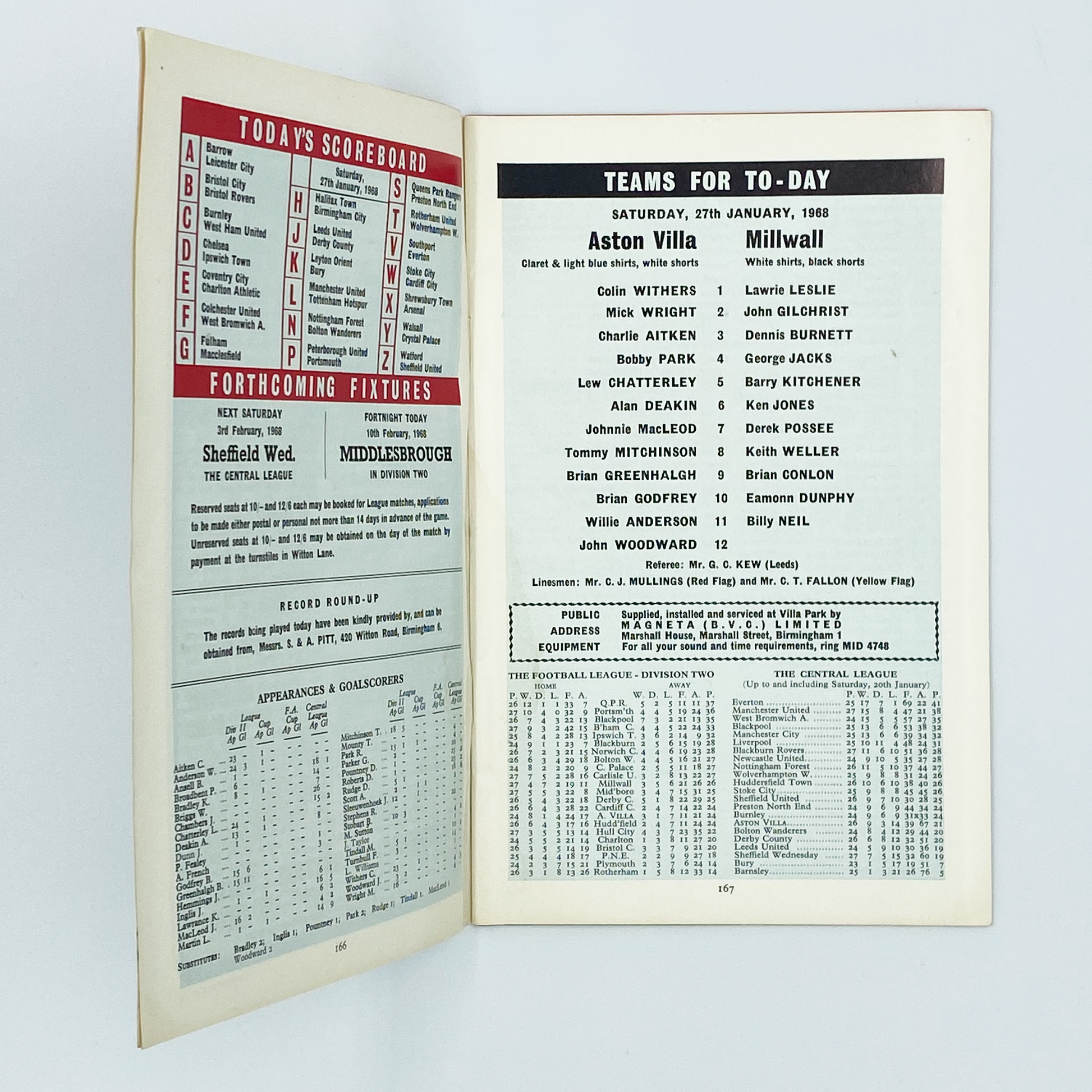 Aston Villa vs Millwall Programme (27 January, 1968)