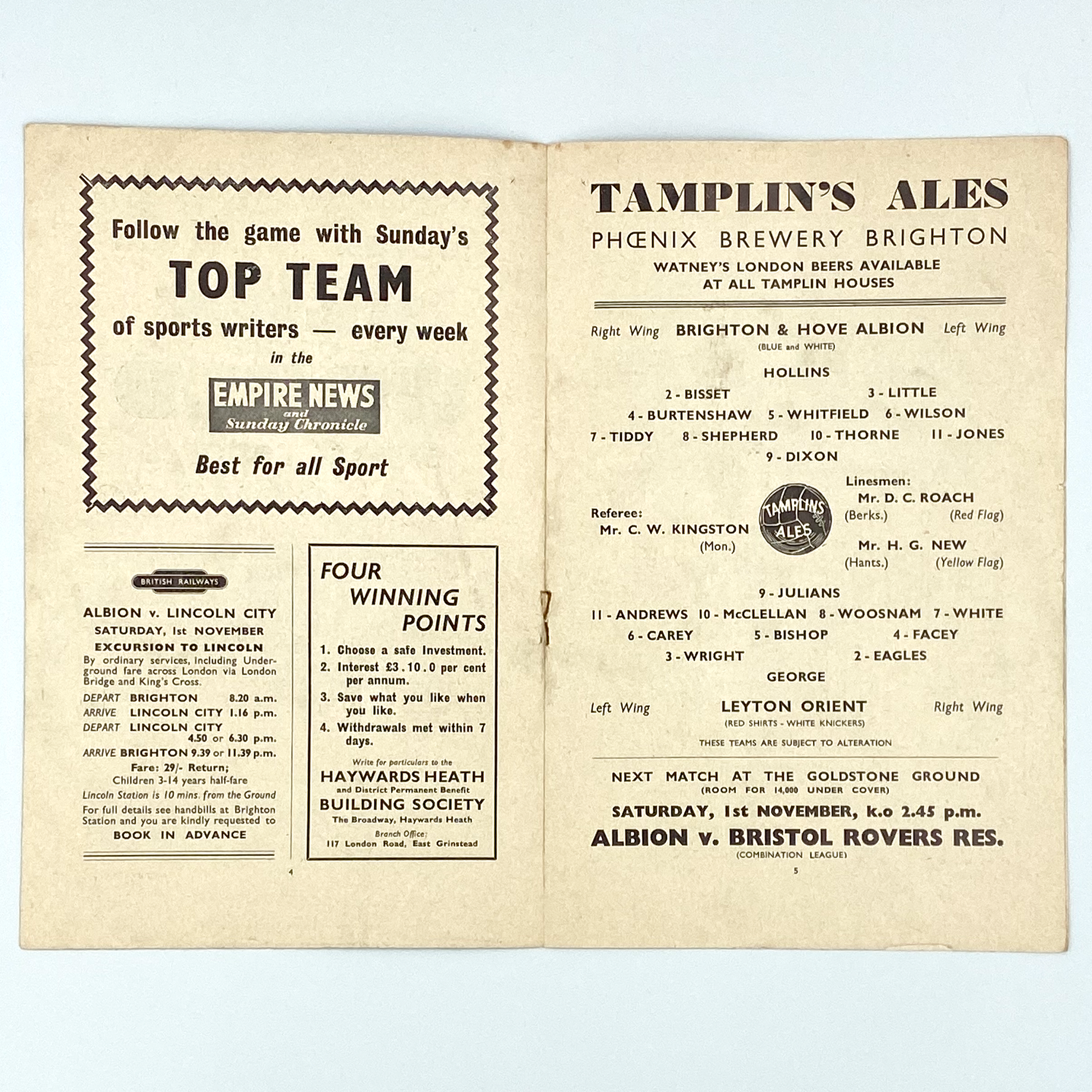 Brighton & Hove Albion vs Leyton Orient Programme (25 October, 1958)