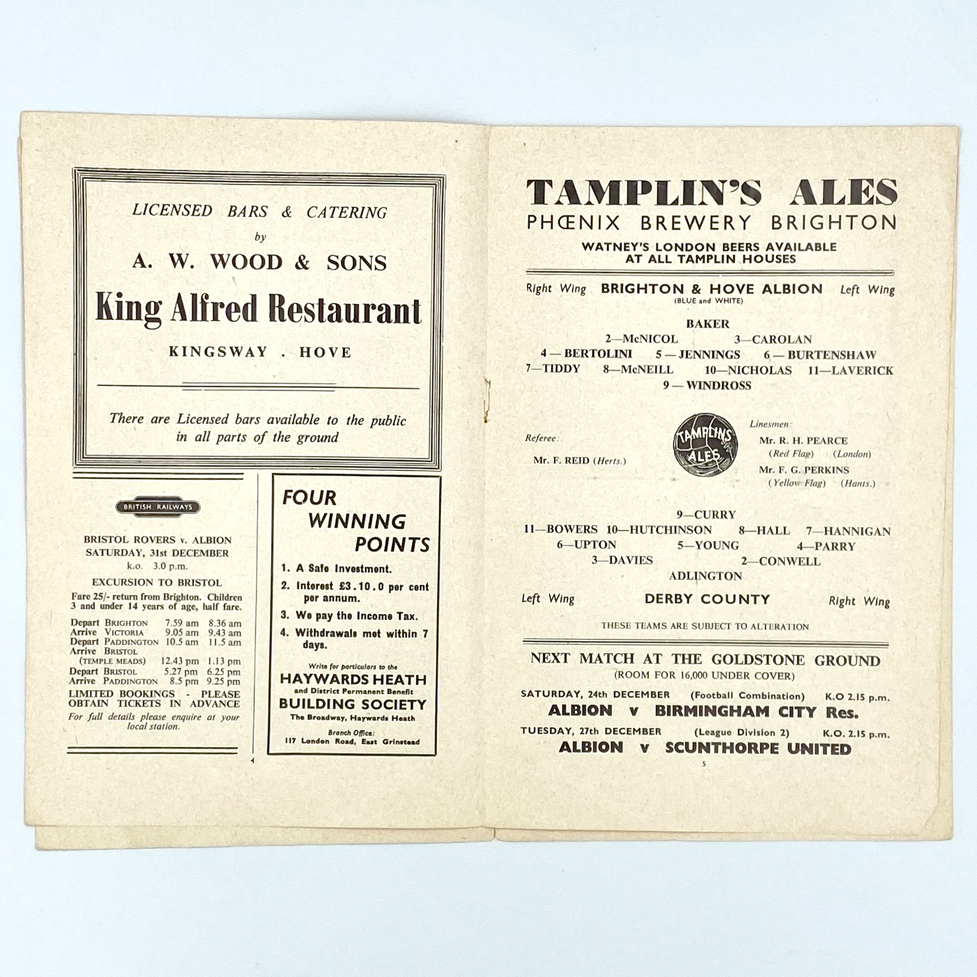 Brighton & Hove Albion vs Derby County Programme (17 December, 1960)