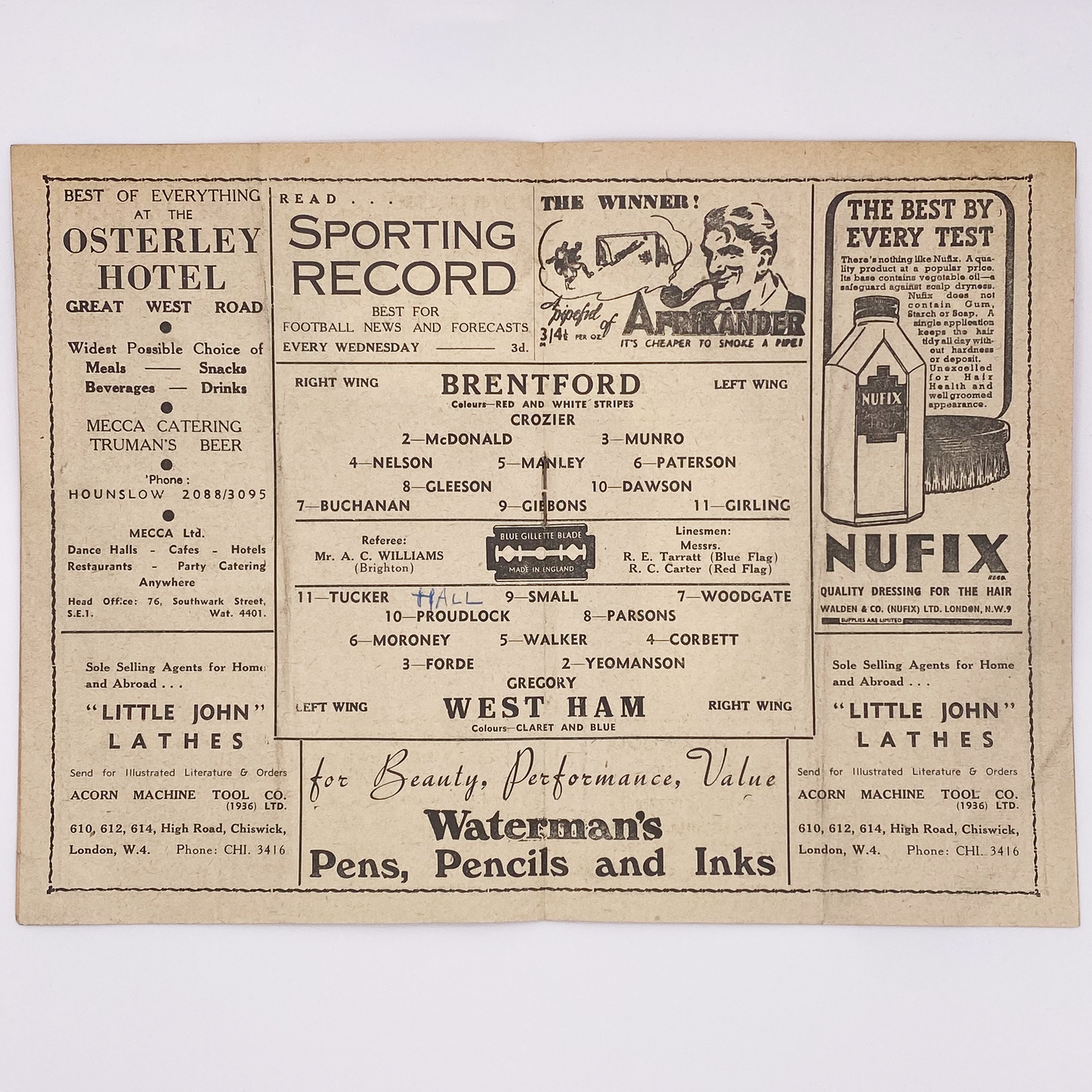 Brentford vs West Ham United Programme (22 November, 1947)