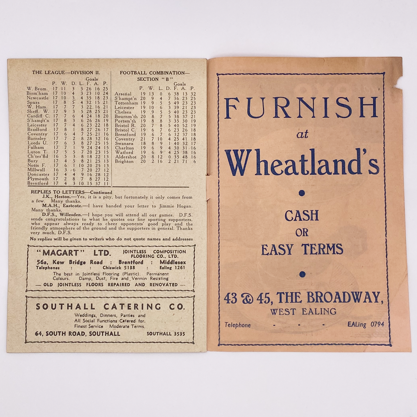 Brentford vs West Ham United Programme (22 November, 1947)