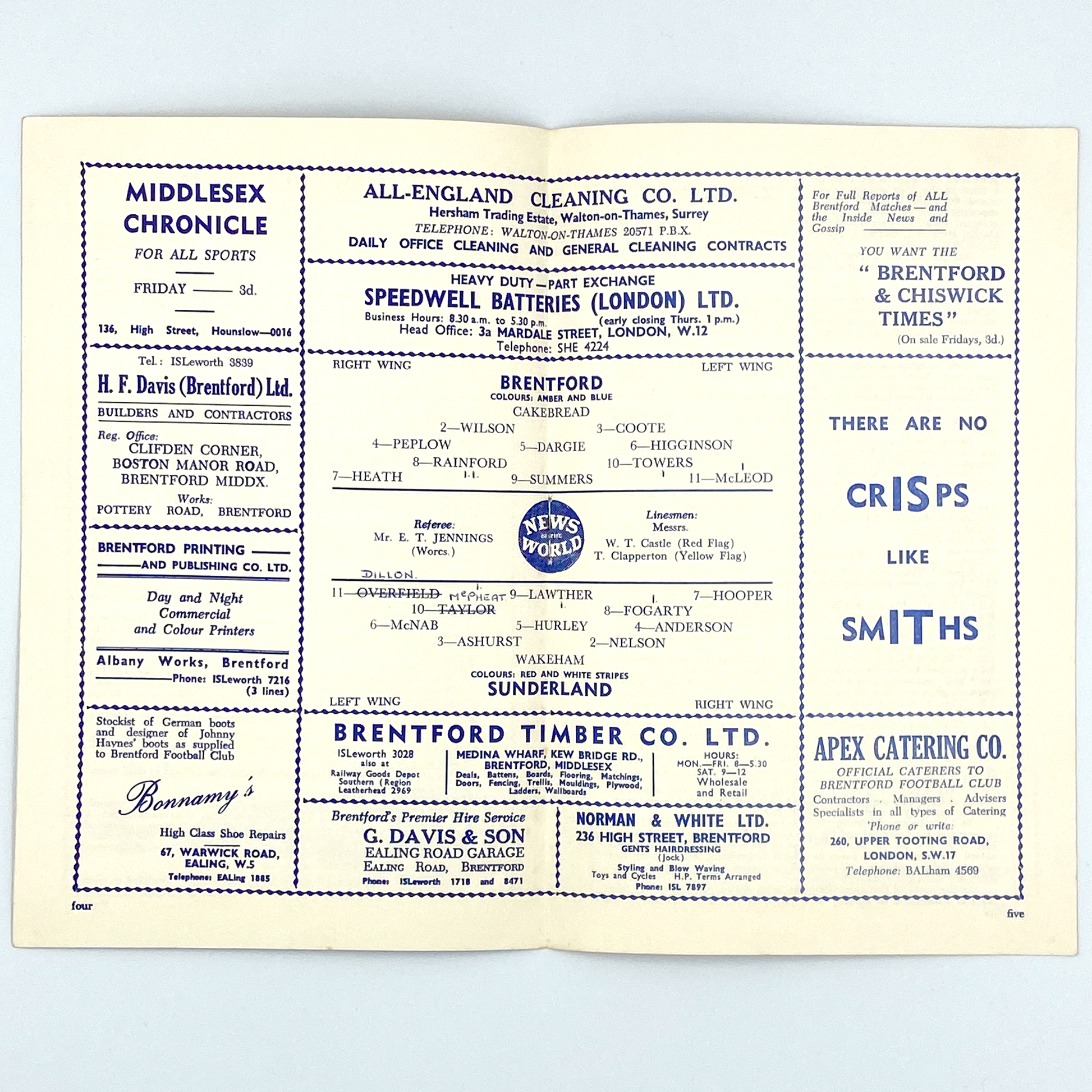 Brentford vs Sunderland Programme (25 October, 1960)