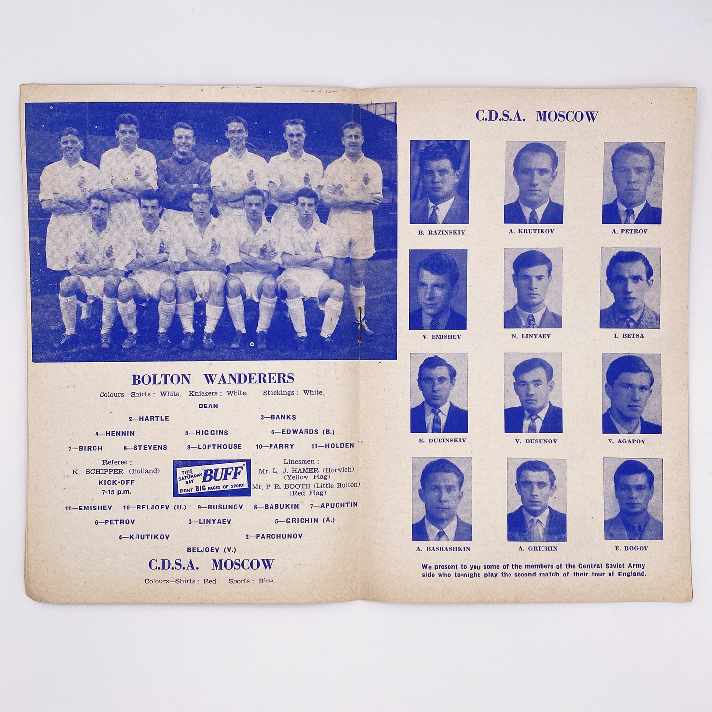 Bolton Wanderers vs C.D.S.A. Moscow Programme (4 November, 1957)