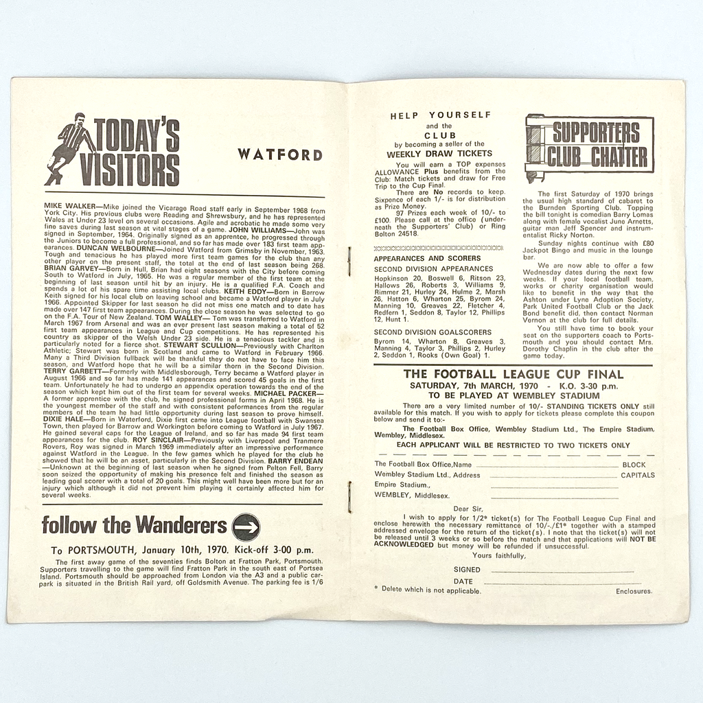 Bolton Wanderers vs Watford Programme (3 January, 1970)