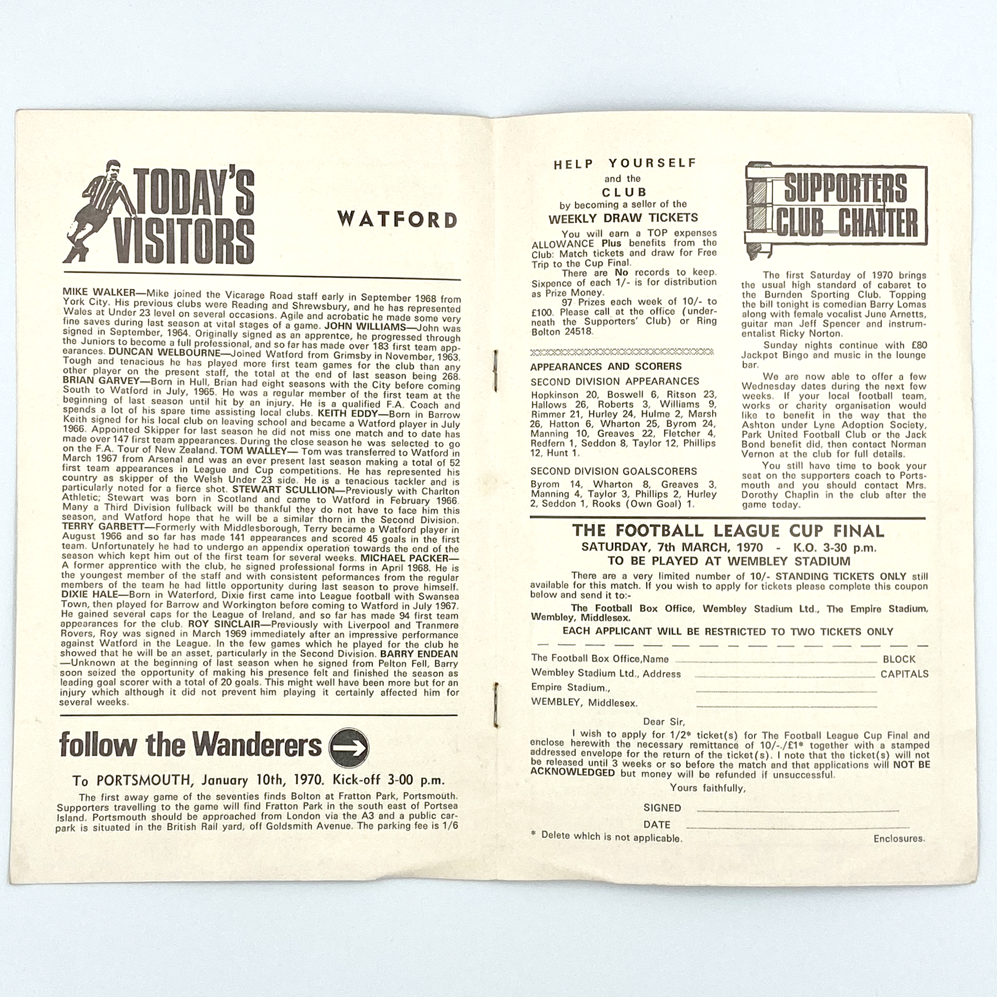 Bolton Wanderers vs Watford Programme (3 January, 1970)