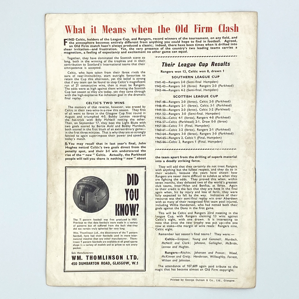 1966 Scottish League Cup Final Programme (29 October, 1966)