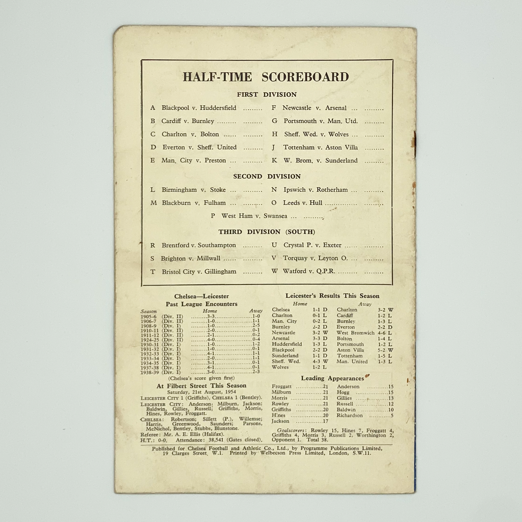 Chelsea vs Leicester City Programme (18 December, 1954)