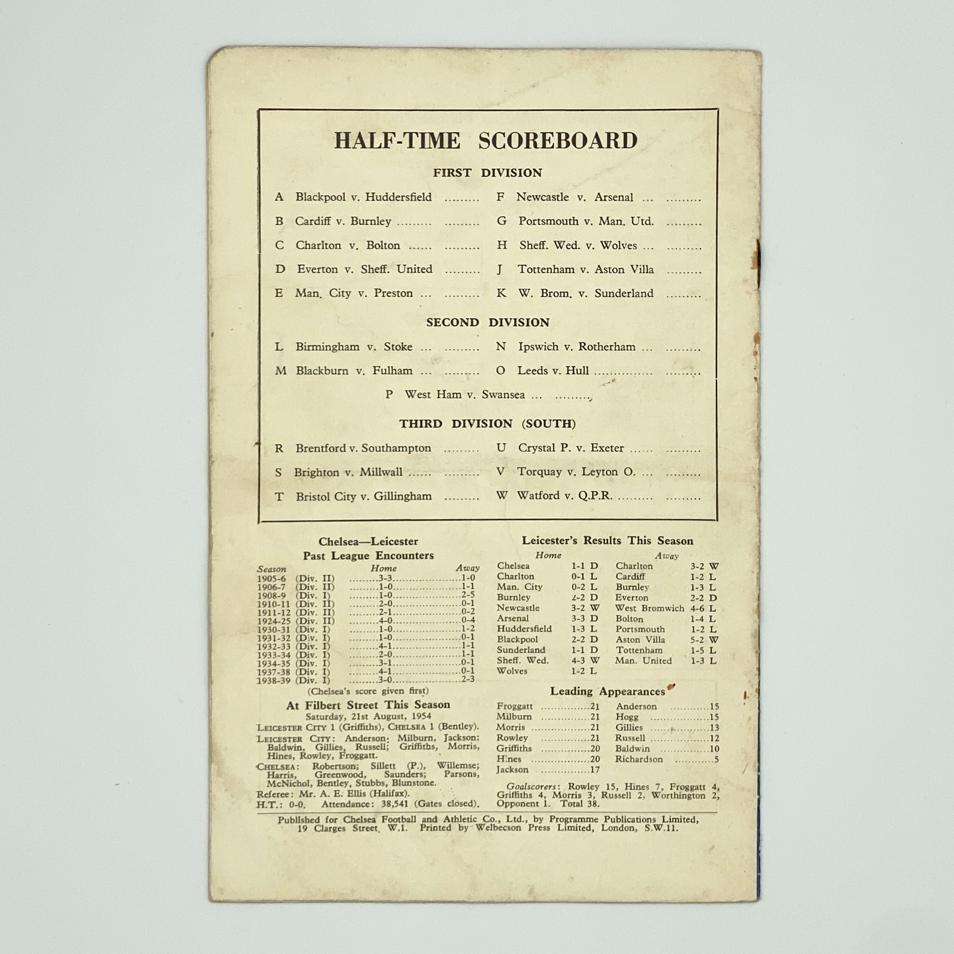 Chelsea vs Leicester City Programme (18 December, 1954)