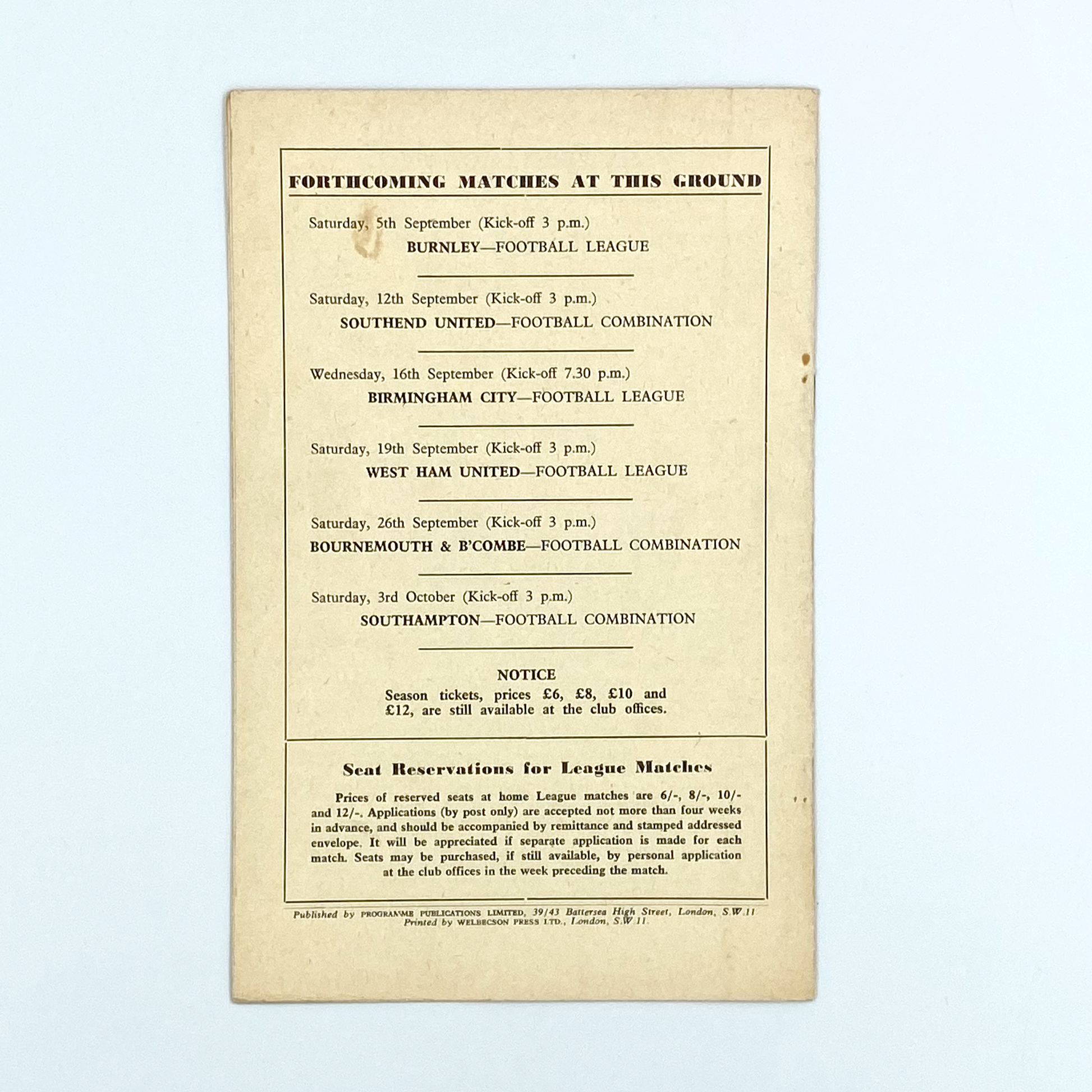 Chelsea vs Manchester United Programme (2 September, 1959)