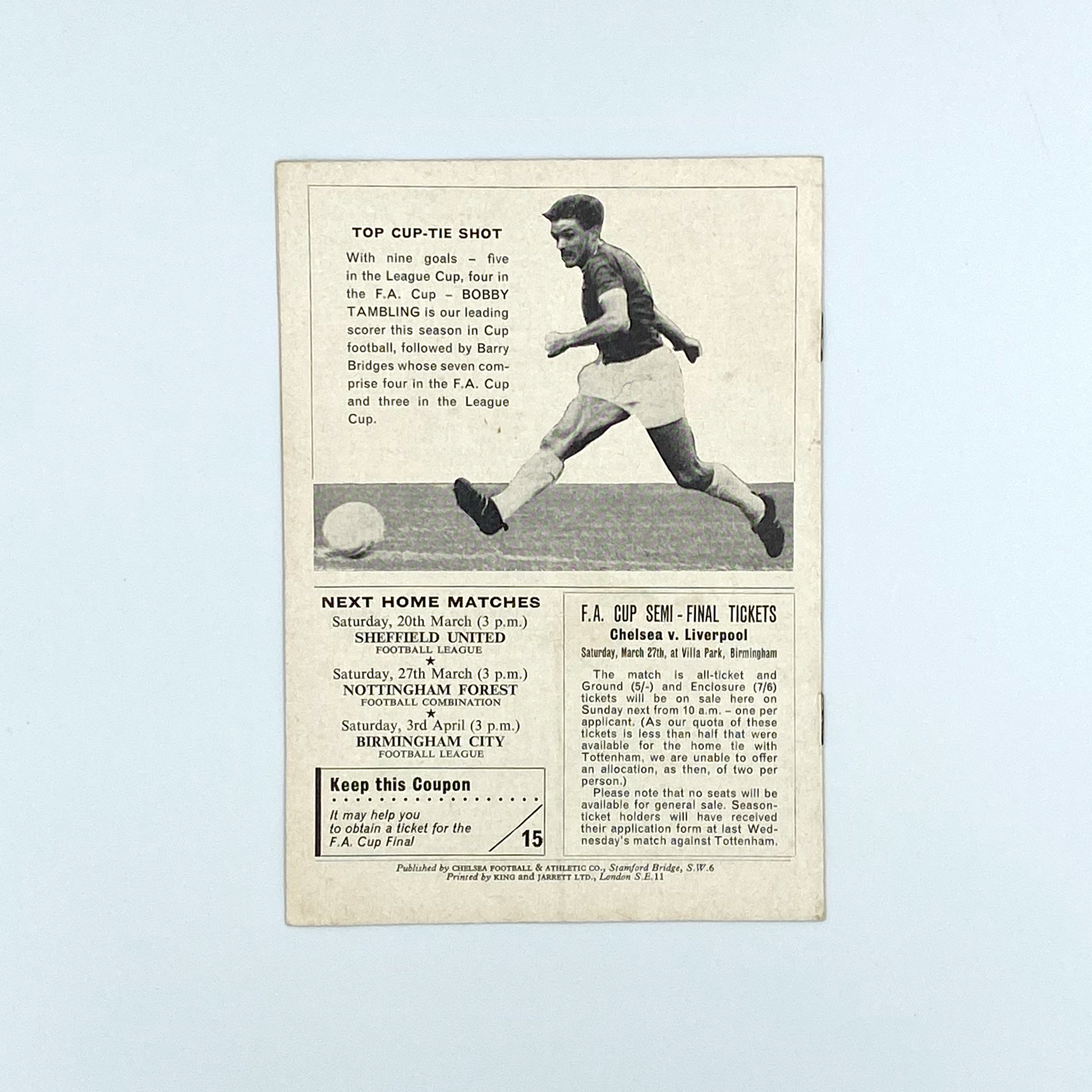 Chelsea vs Leicester City, League Cup Final 1st Leg Programme (15 March, 1965)