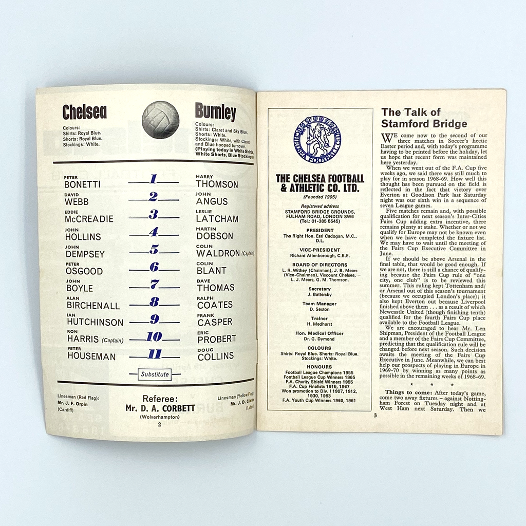Chelsea vs Burnley Programme (5 April, 1969)