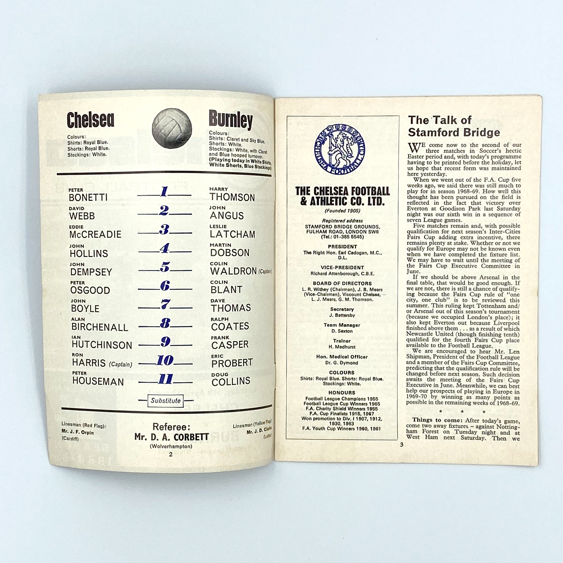 Chelsea vs Burnley Programme (5 April, 1969)