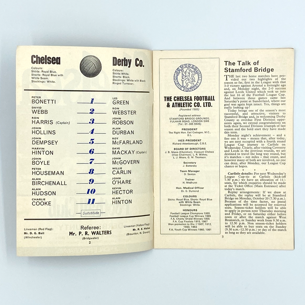 Chelsea vs Derby County Programme (11 October, 1969)