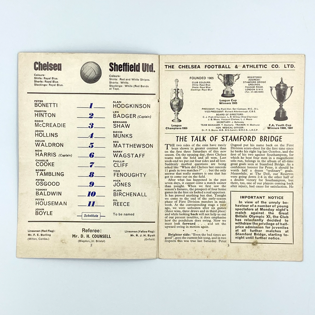 Chelsea vs Sheffield United Programme (6 September, 1967)