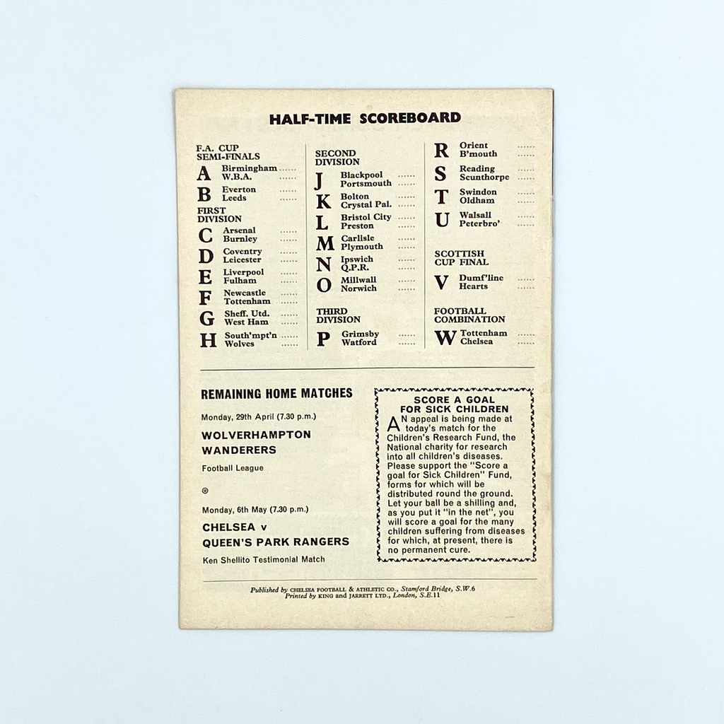 Chelsea vs Sunderland Programme (27 April, 1968)