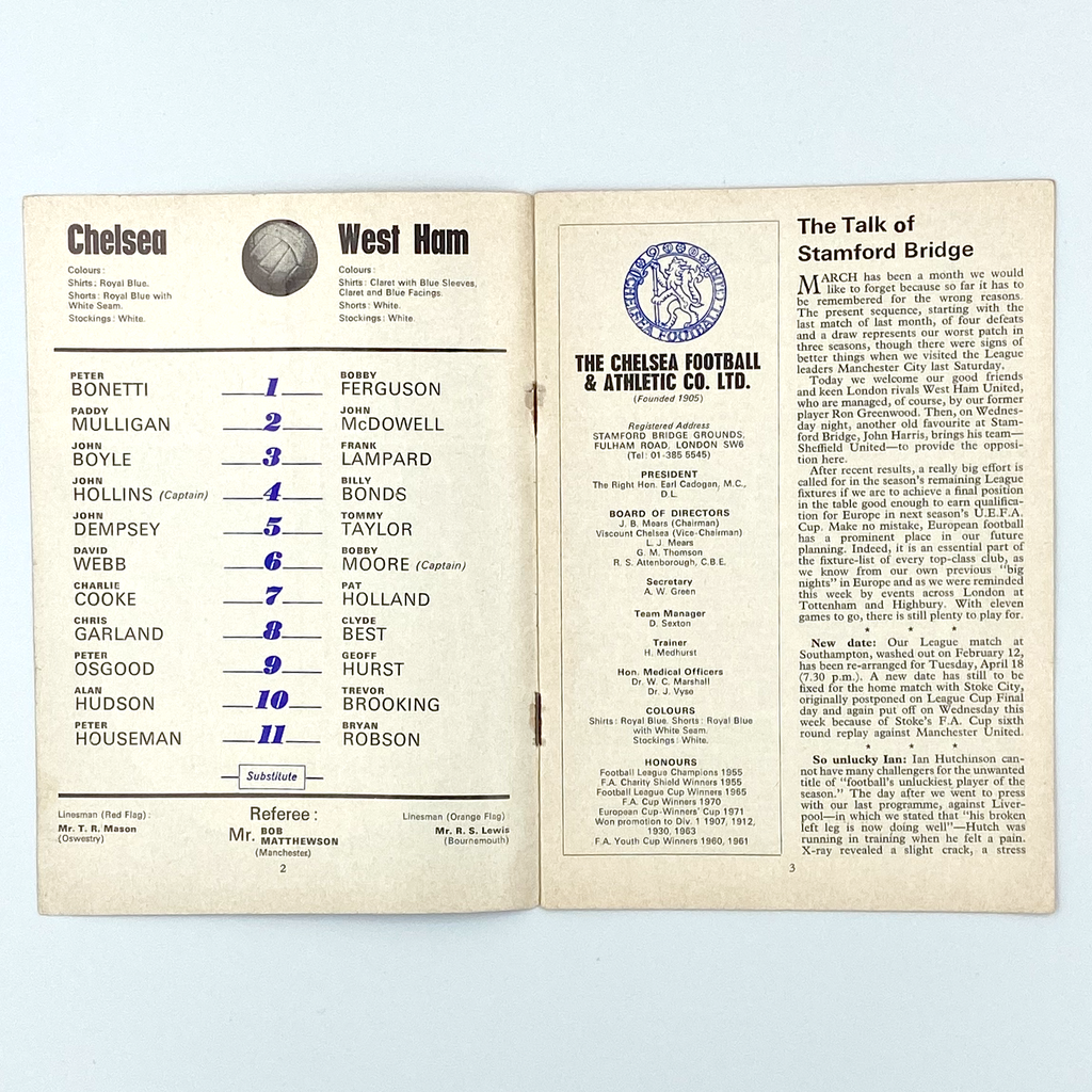 Chelsea vs West Ham United Programme (25 March, 1972)