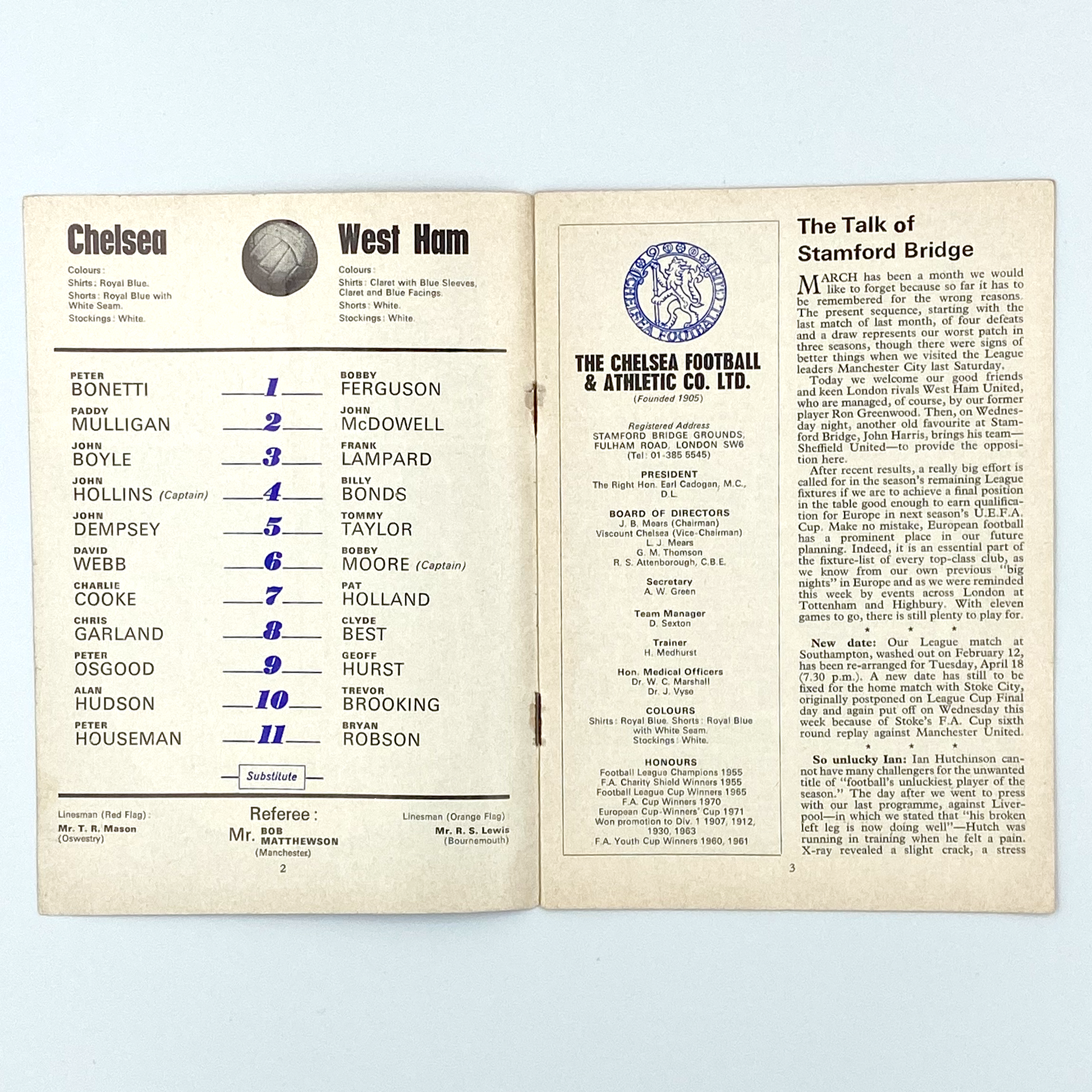 Chelsea vs West Ham United Programme (25 March, 1972)
