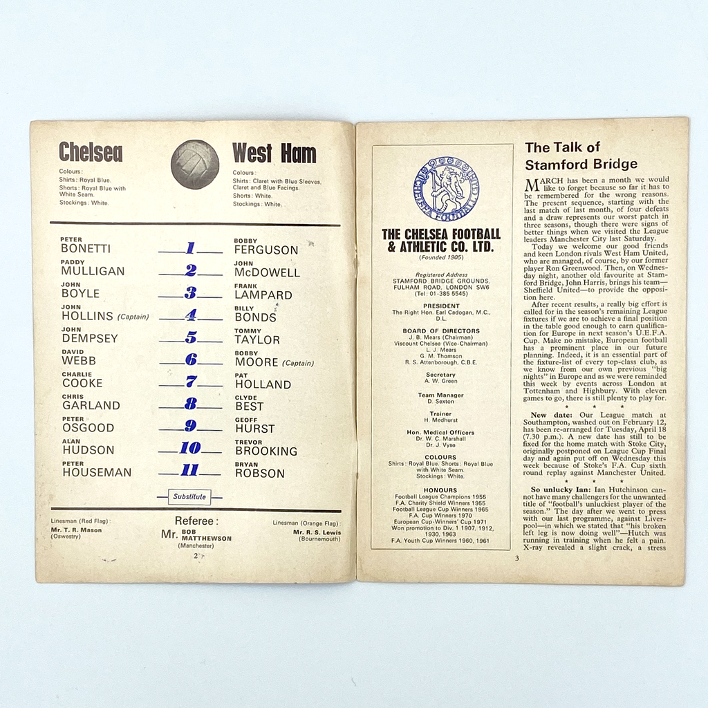 Chelsea vs West Ham United Programme (25 March, 1972)
