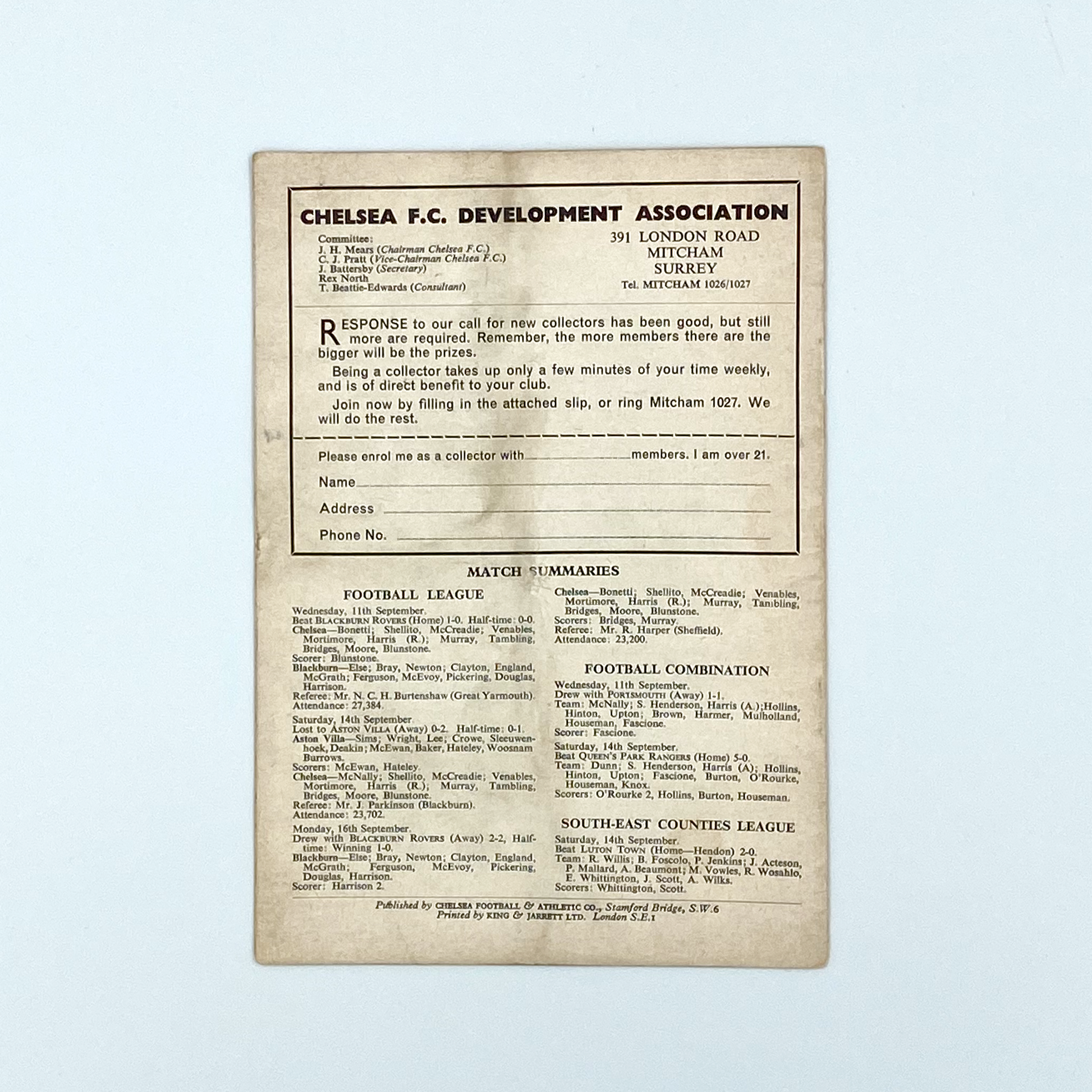 Chelsea vs Tottenham Hotspur Programme (21 September, 1963)