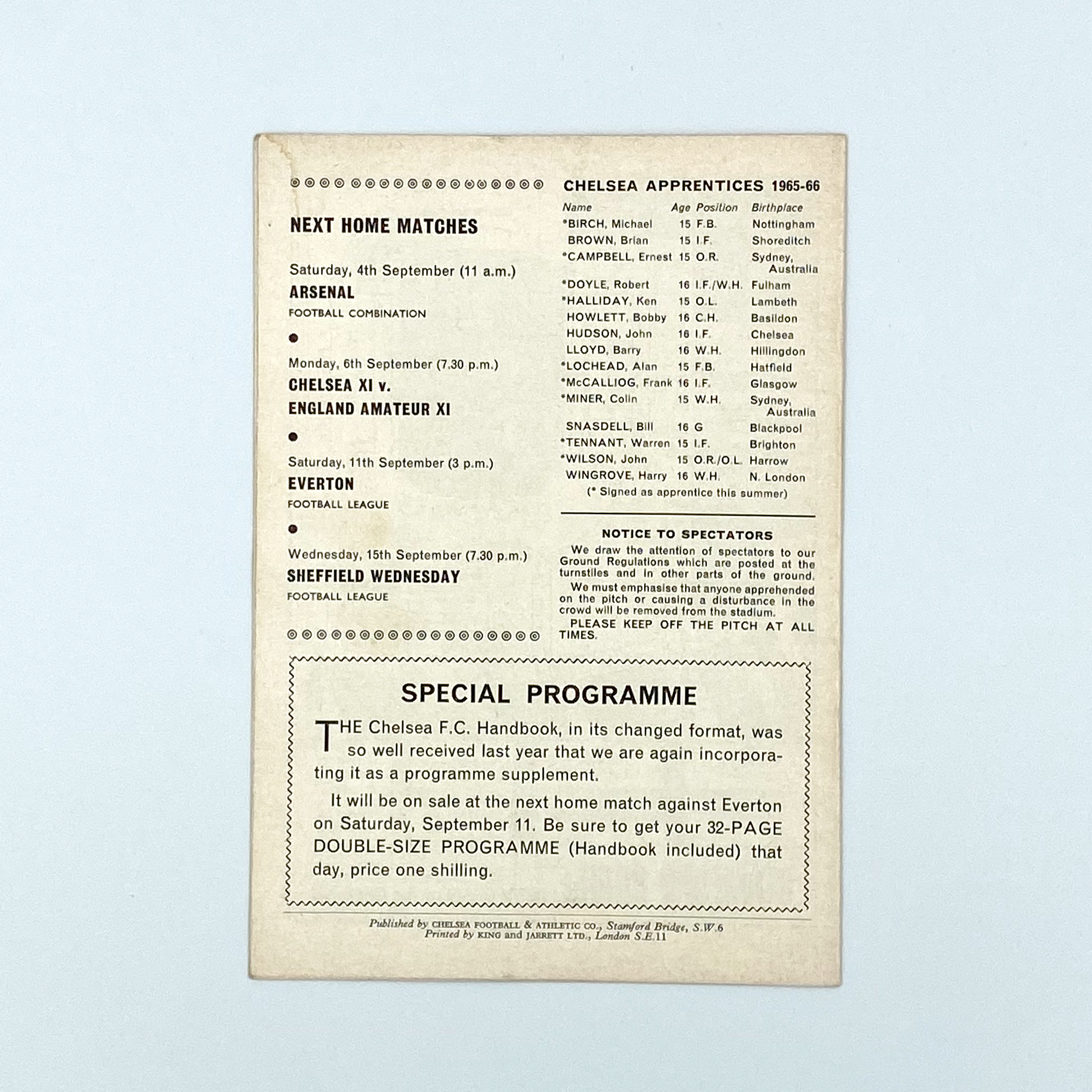 Chelsea vs Stoke City Programme (1 September, 1965)