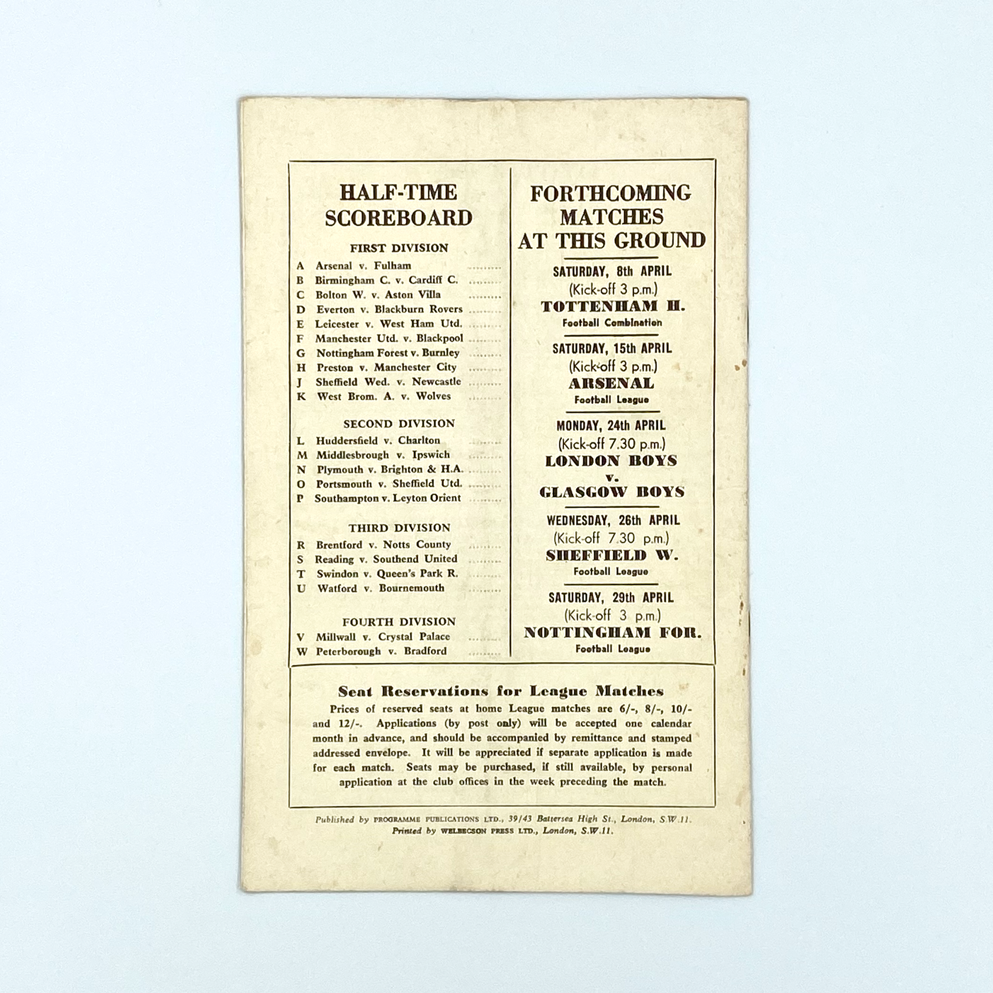Chelsea vs Tottenham Hotspur Programme (3 April, 1961)