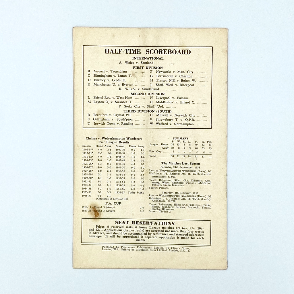 Chelsea vs Wolverhampton Wanderers Programme (20 October, 1956)
