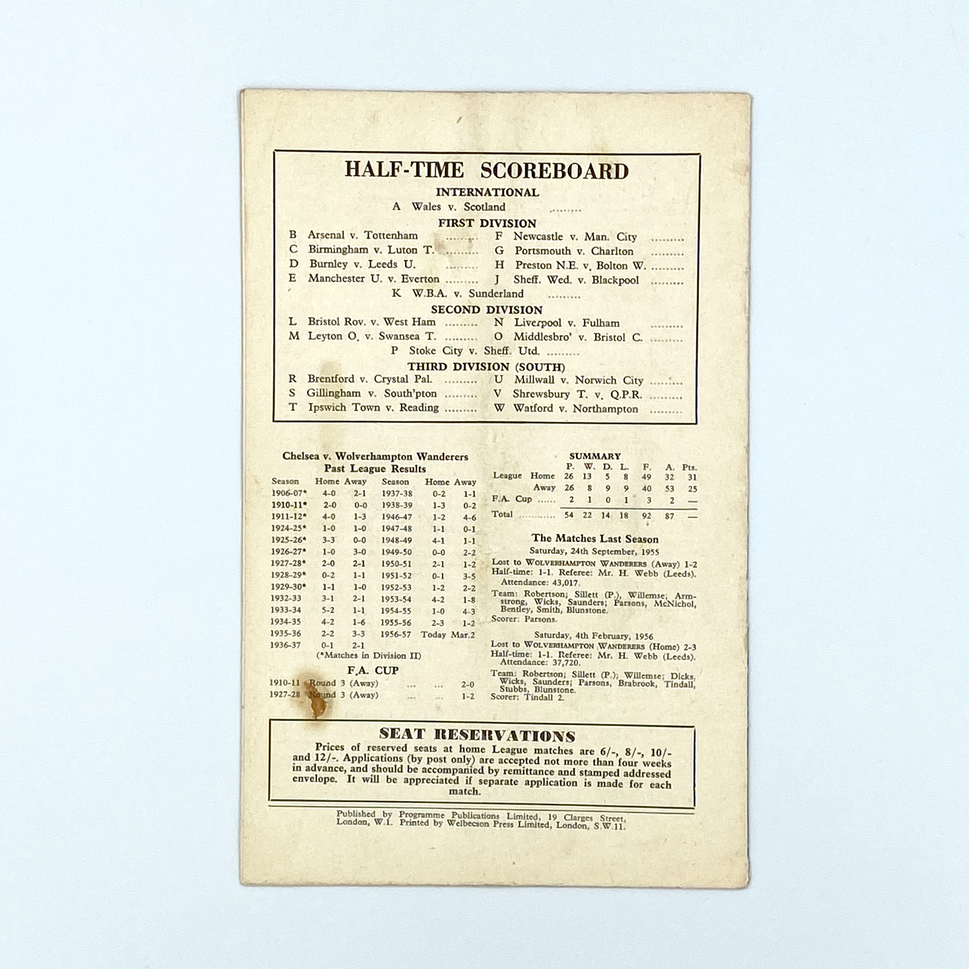 Chelsea vs Wolverhampton Wanderers Programme (20 October, 1956)